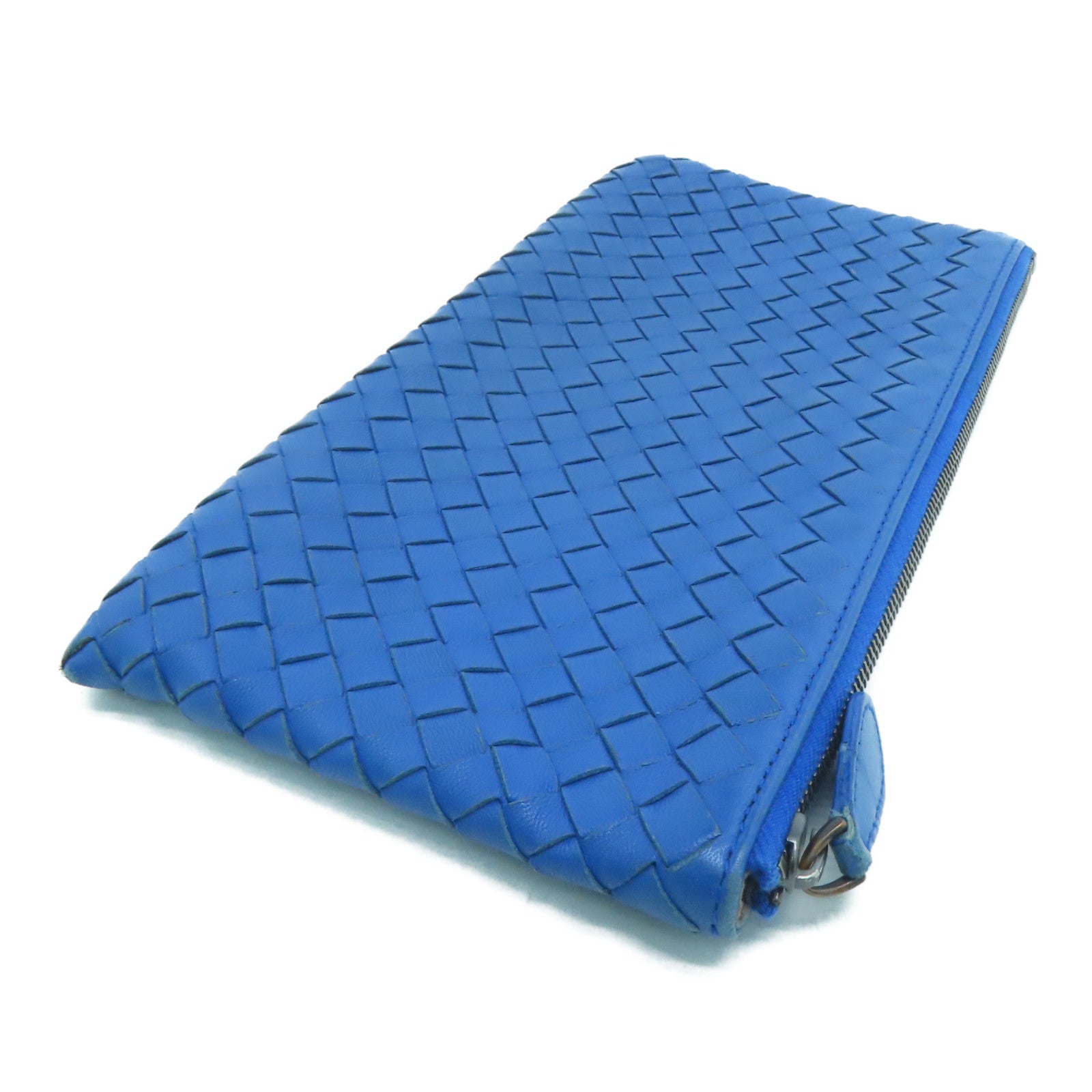 BOTTEGA VENETA 織紋皮革Pouch Clutch Bag銀扣藍色