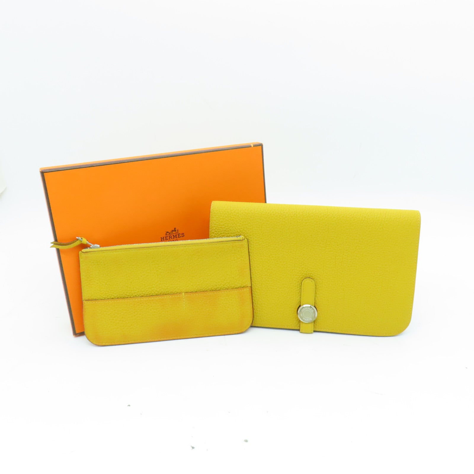 HERMES Togo皮革Dogon GM銀扣長錢包Jaune Ambre黃色
