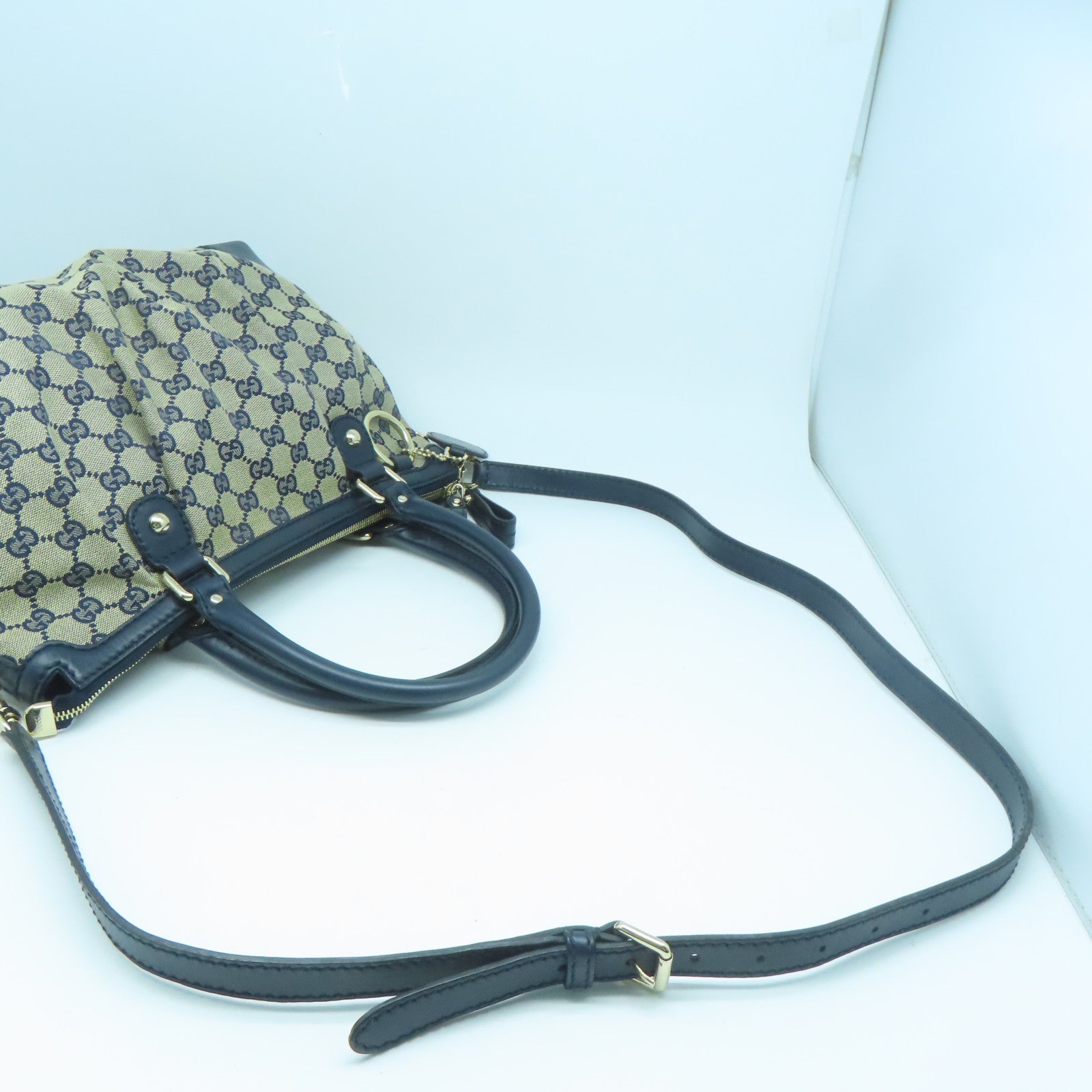 GUCCI 帆布/牛皮皮革Shoulder Bag金扣手挽肩背兩用袋藍色