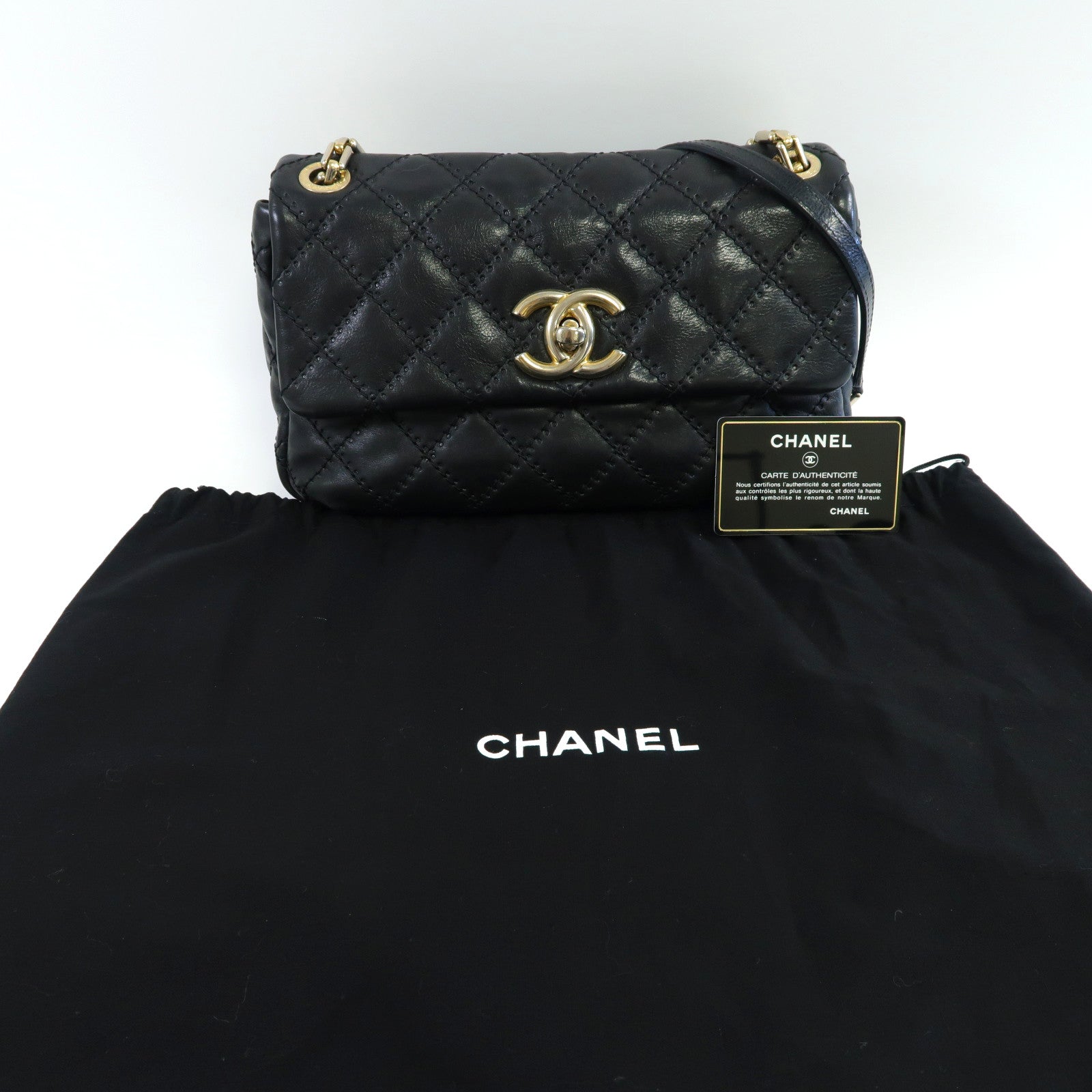 CHANEL 菱格羊皮皮革Chain Shoulder金扣鏈帶肩背袋黑色