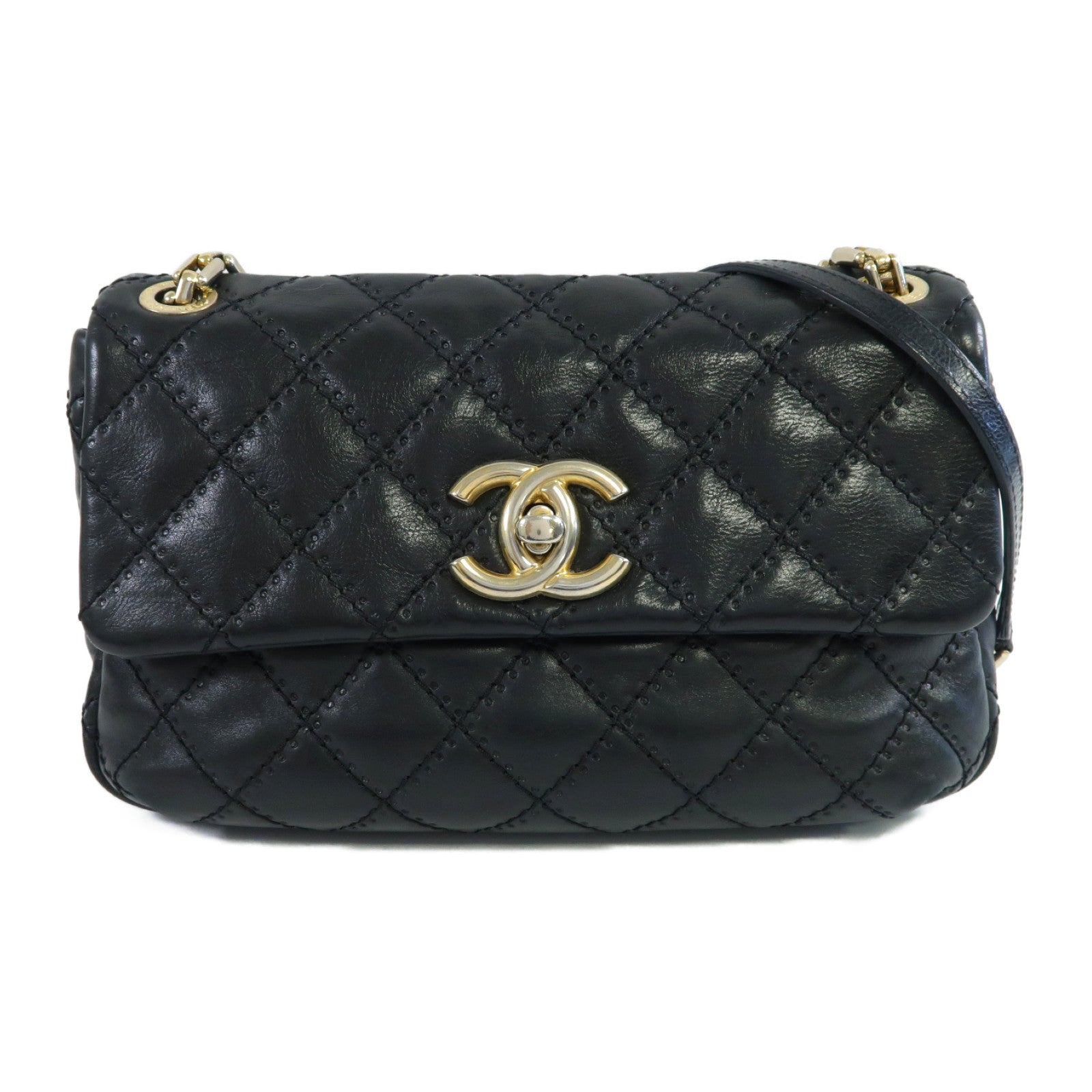 CHANEL 菱格羊皮皮革Chain Shoulder金扣鏈帶肩背袋黑色
