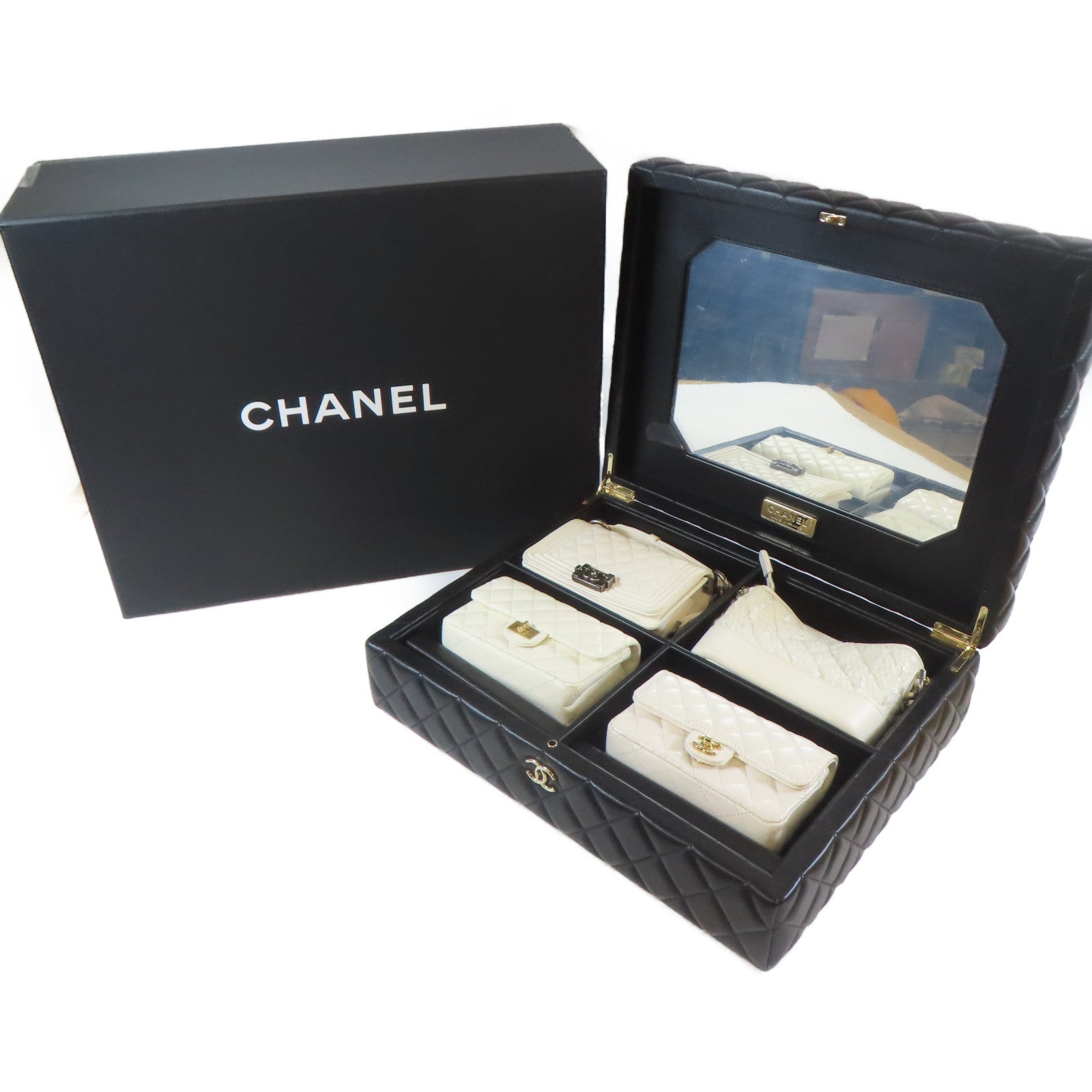 CHANEL 菱格牛皮皮革Mini Bag Set金扣/銀扣鏈帶肩背袋白色