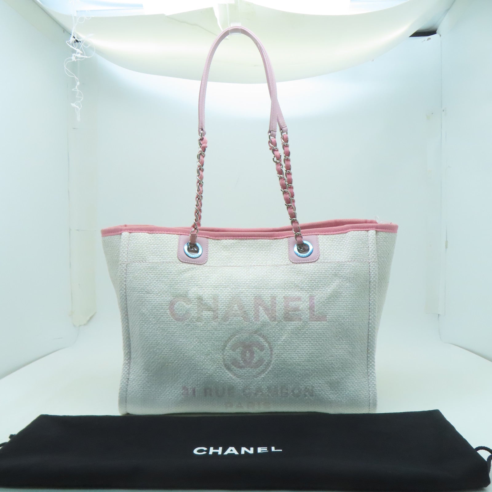 CHANEL 斜紋軟呢Shoulder Bag銀扣鏈帶肩背袋白色/粉紅色