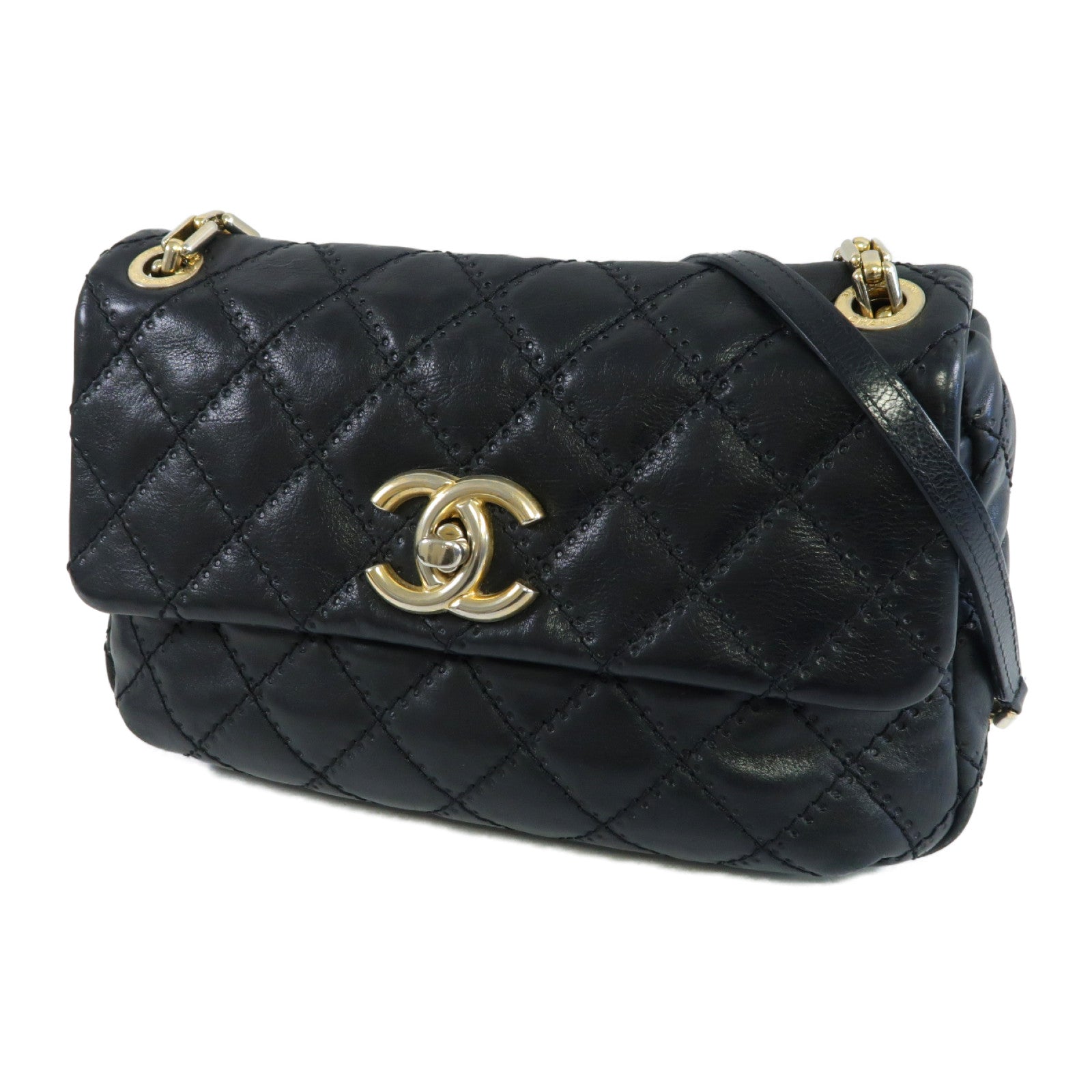 CHANEL 菱格羊皮皮革Chain Shoulder金扣鏈帶肩背袋黑色