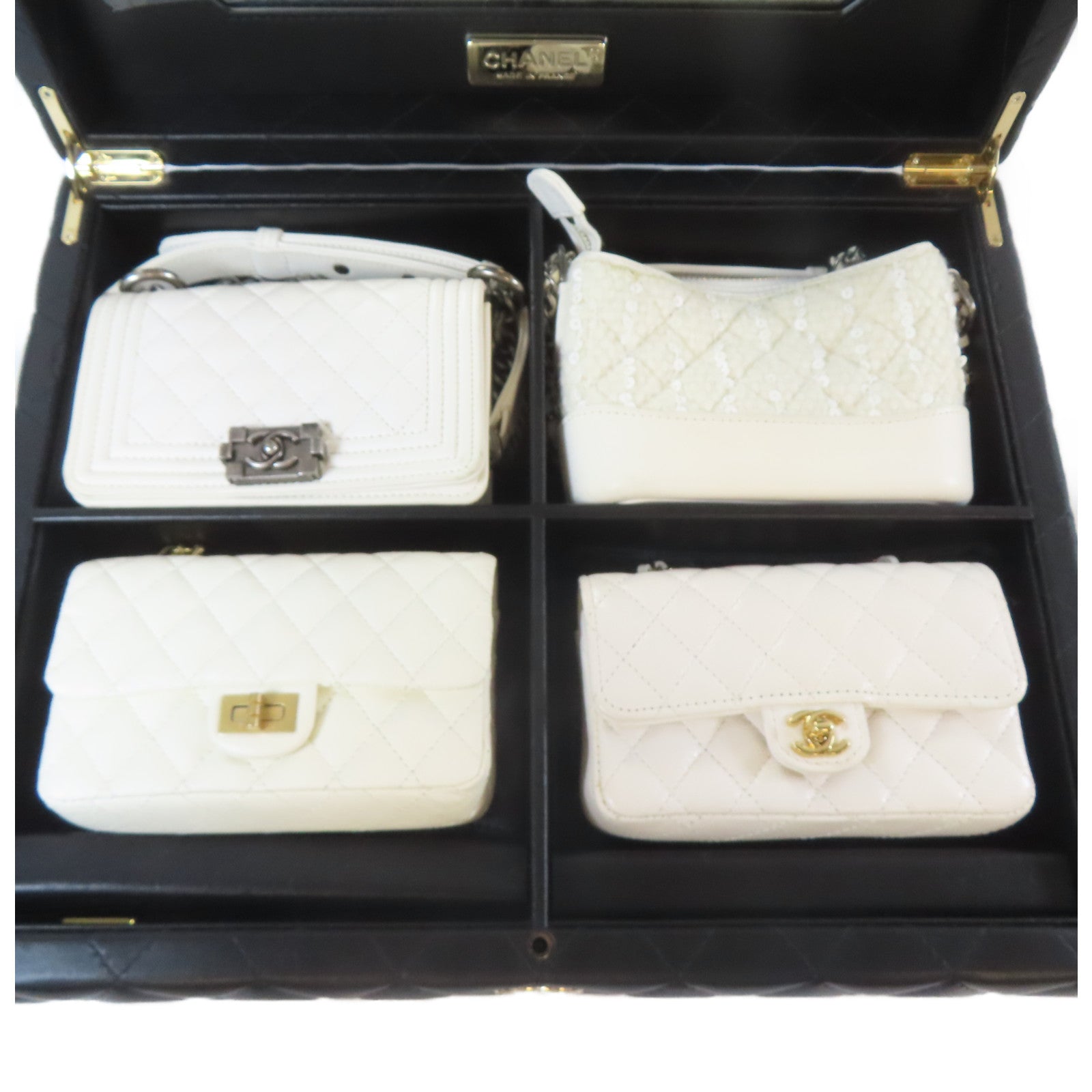 CHANEL 菱格牛皮皮革Mini Bag Set金扣/銀扣鏈帶肩背袋白色