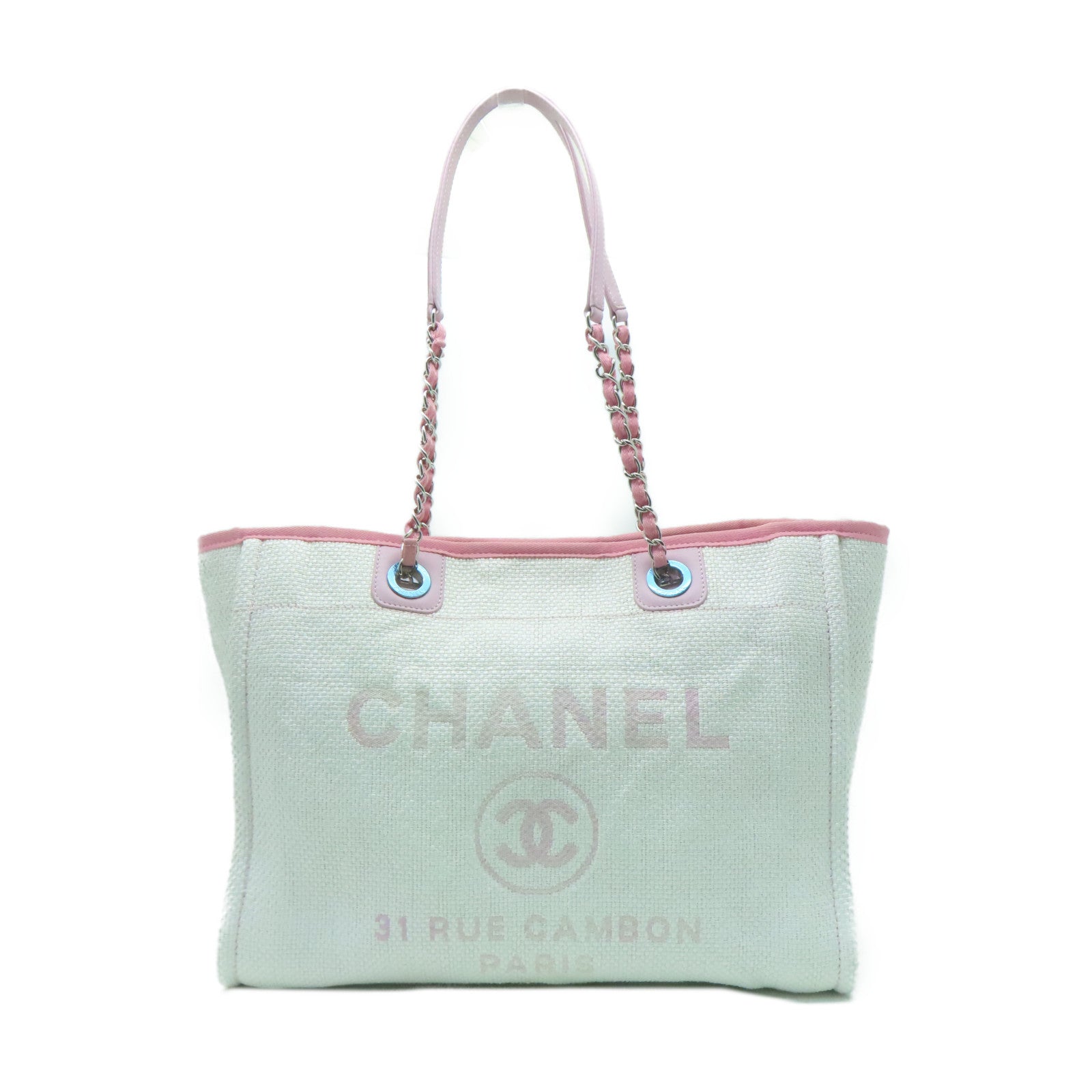CHANEL 斜紋軟呢Shoulder Bag銀扣鏈帶肩背袋白色/粉紅色