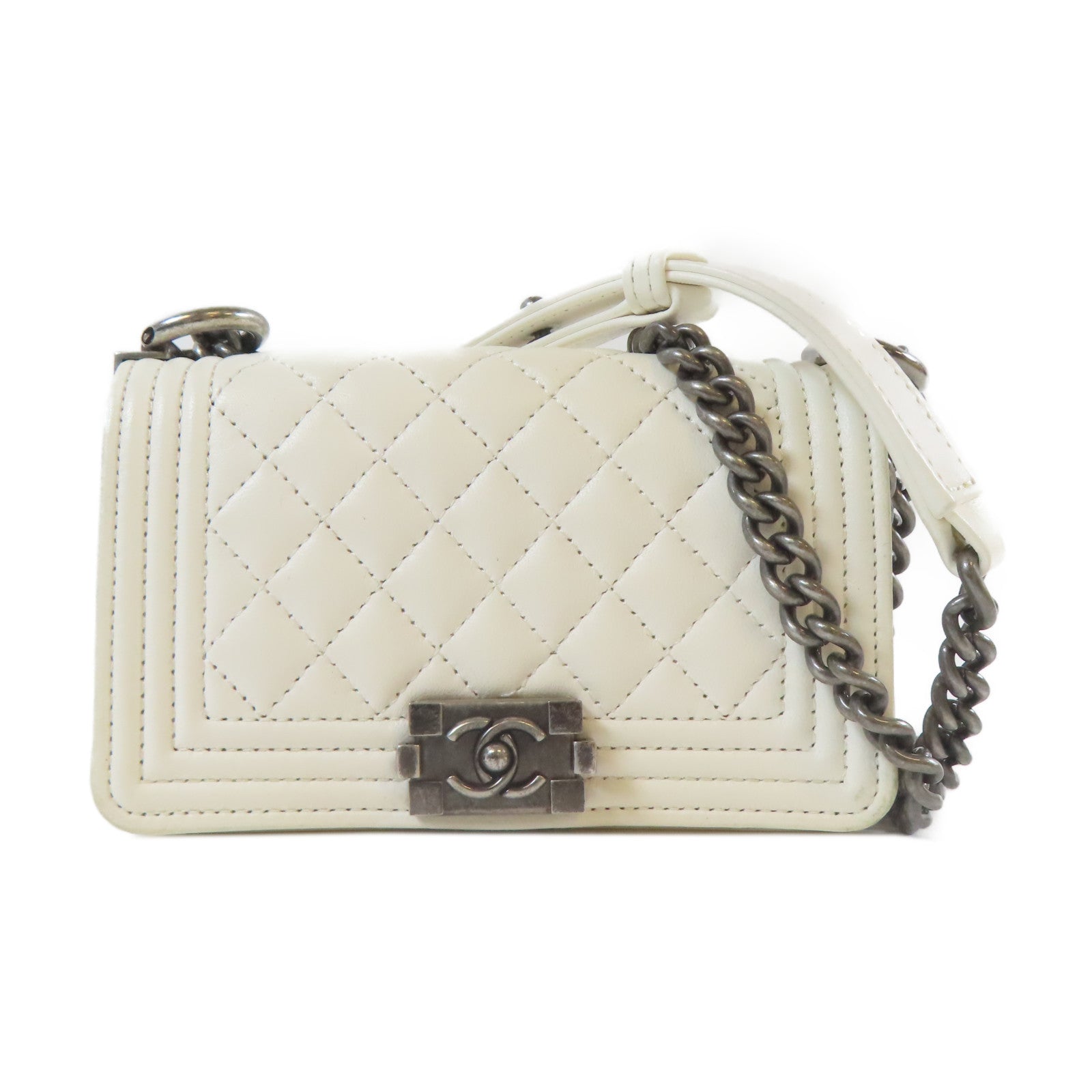 CHANEL 菱格牛皮皮革Mini Bag Set金扣/銀扣鏈帶肩背袋白色