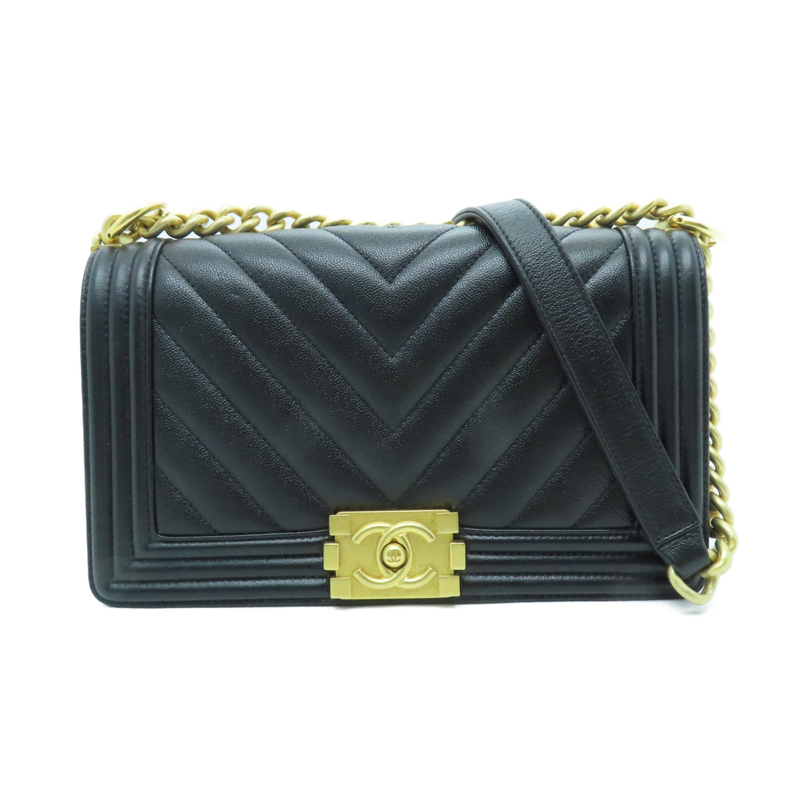 CHANEL rhombic cowhide leather Boy Chanel gold buckle shoulder bag black