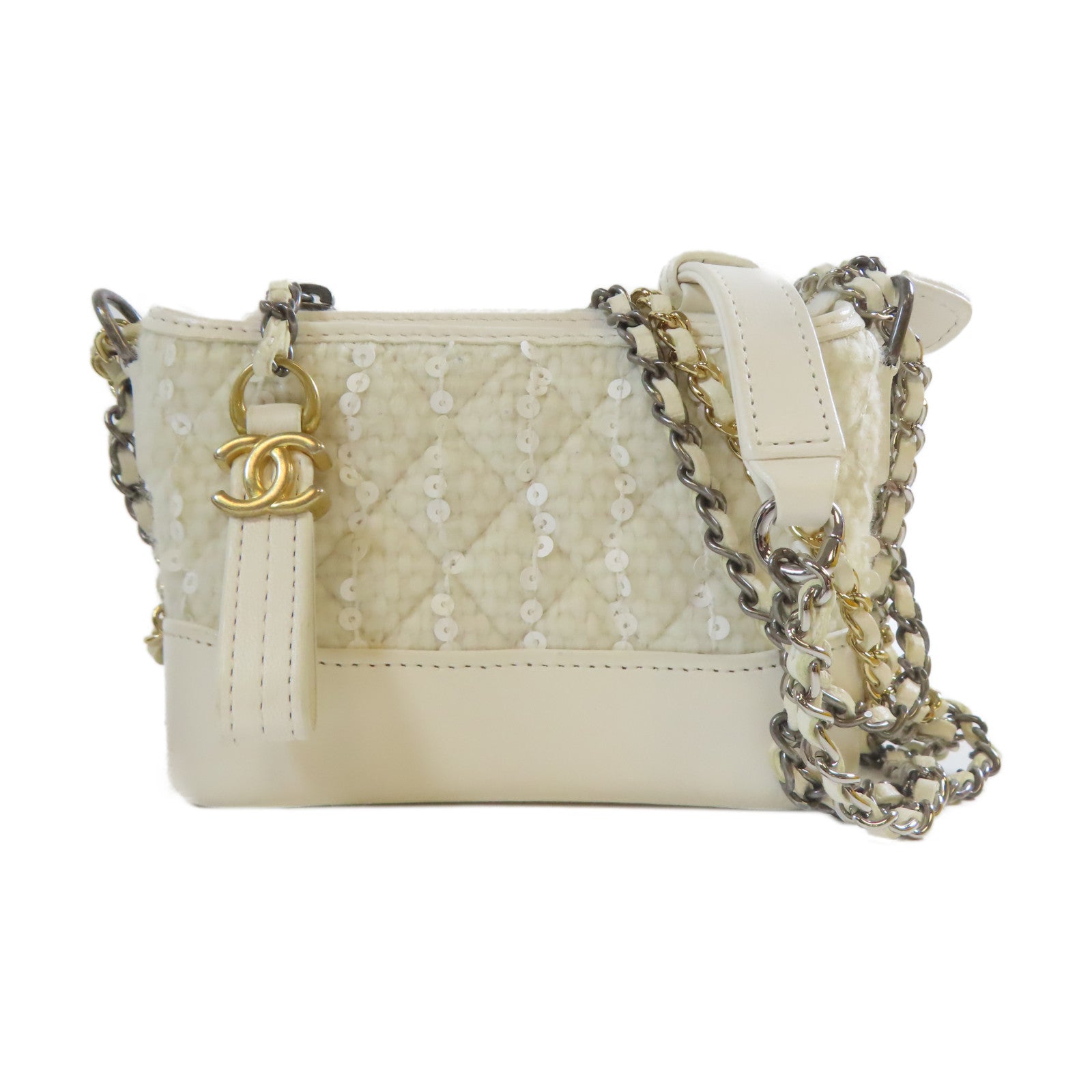 CHANEL 菱格牛皮皮革Mini Bag Set金扣/銀扣鏈帶肩背袋白色