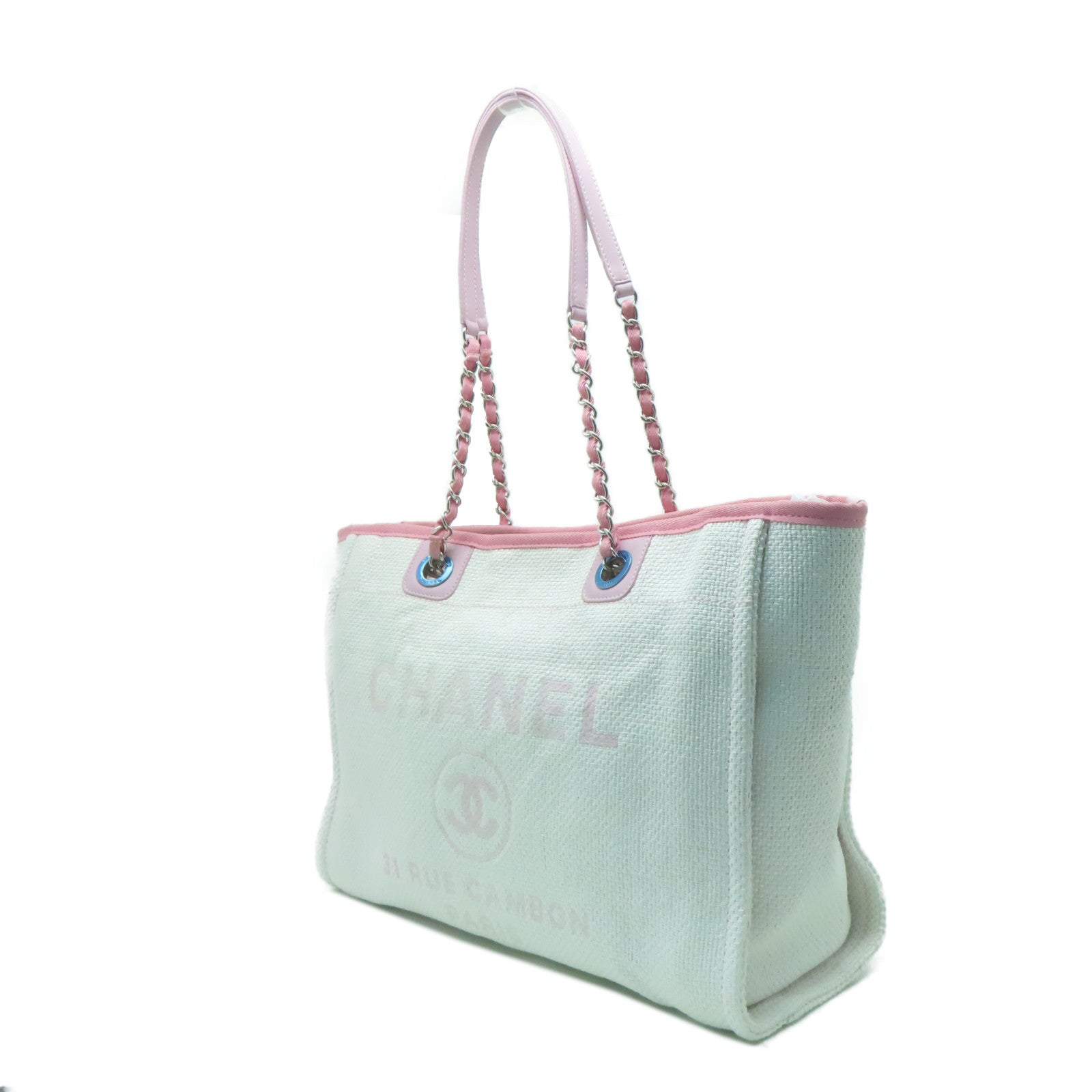 CHANEL 斜紋軟呢Shoulder Bag銀扣鏈帶肩背袋白色/粉紅色