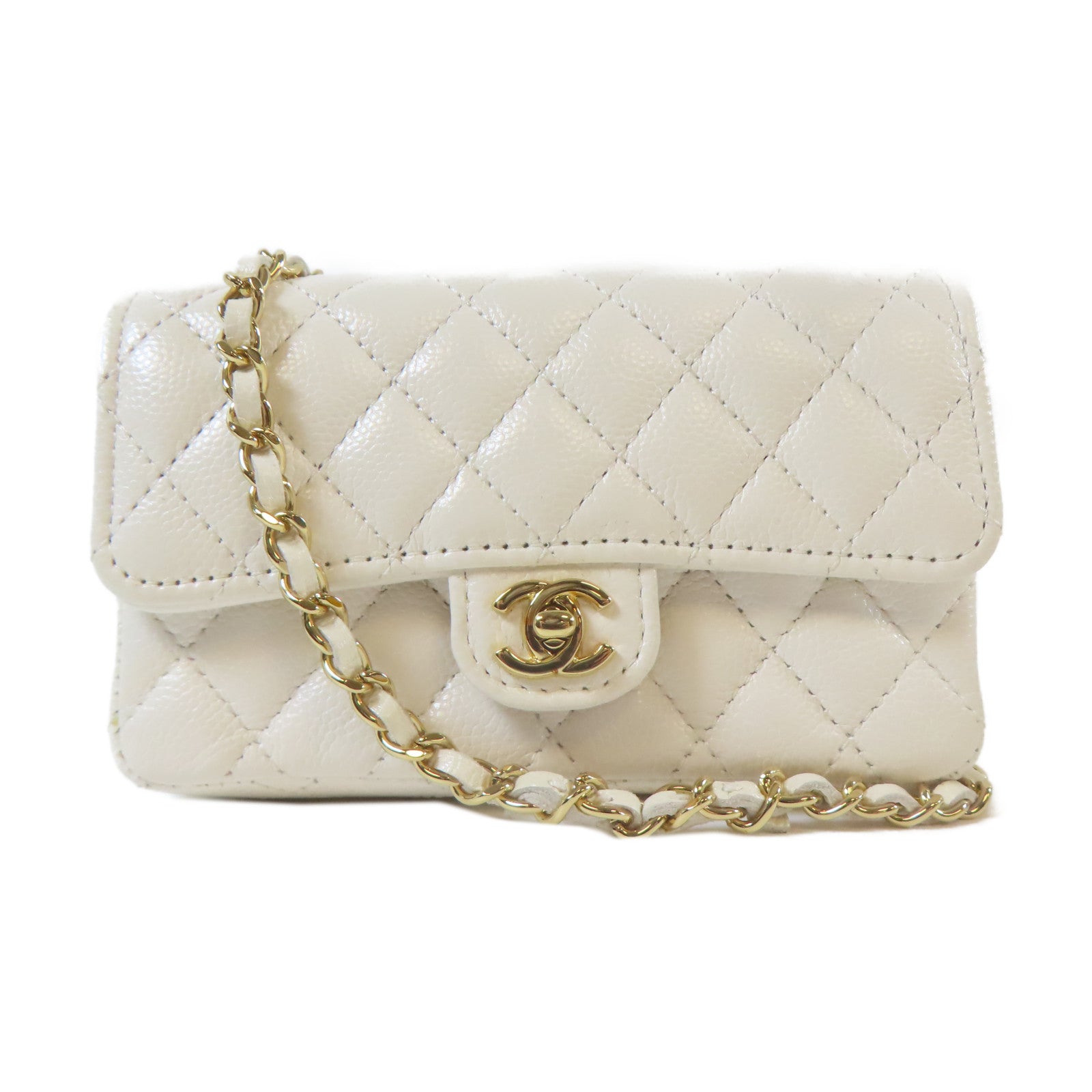 CHANEL 菱格牛皮皮革Mini Bag Set金扣/銀扣鏈帶肩背袋白色