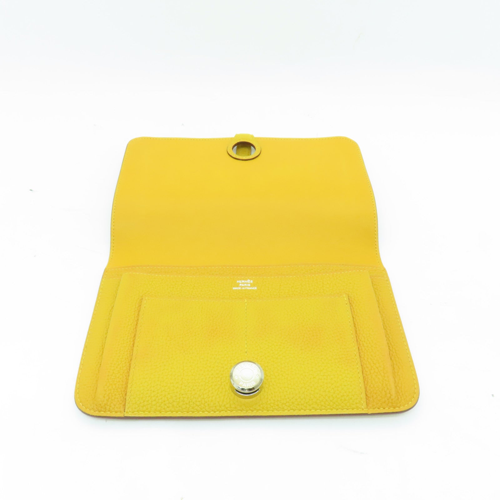 HERMES Togo皮革Dogon GM銀扣長錢包Jaune Ambre黃色