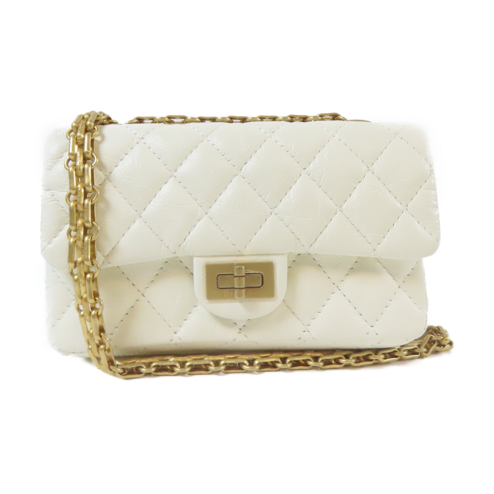 CHANEL 菱格牛皮皮革Mini Bag Set金扣/銀扣鏈帶肩背袋白色
