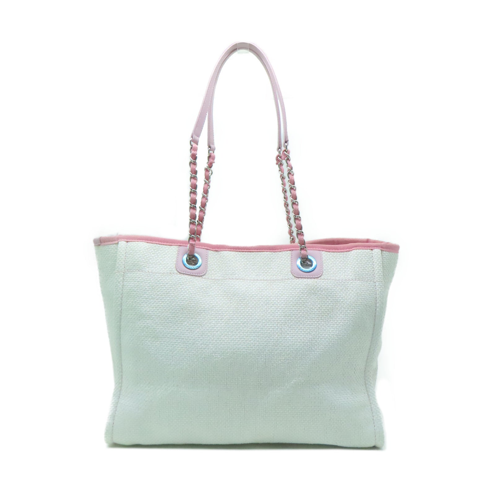 CHANEL 斜紋軟呢Shoulder Bag銀扣鏈帶肩背袋白色/粉紅色