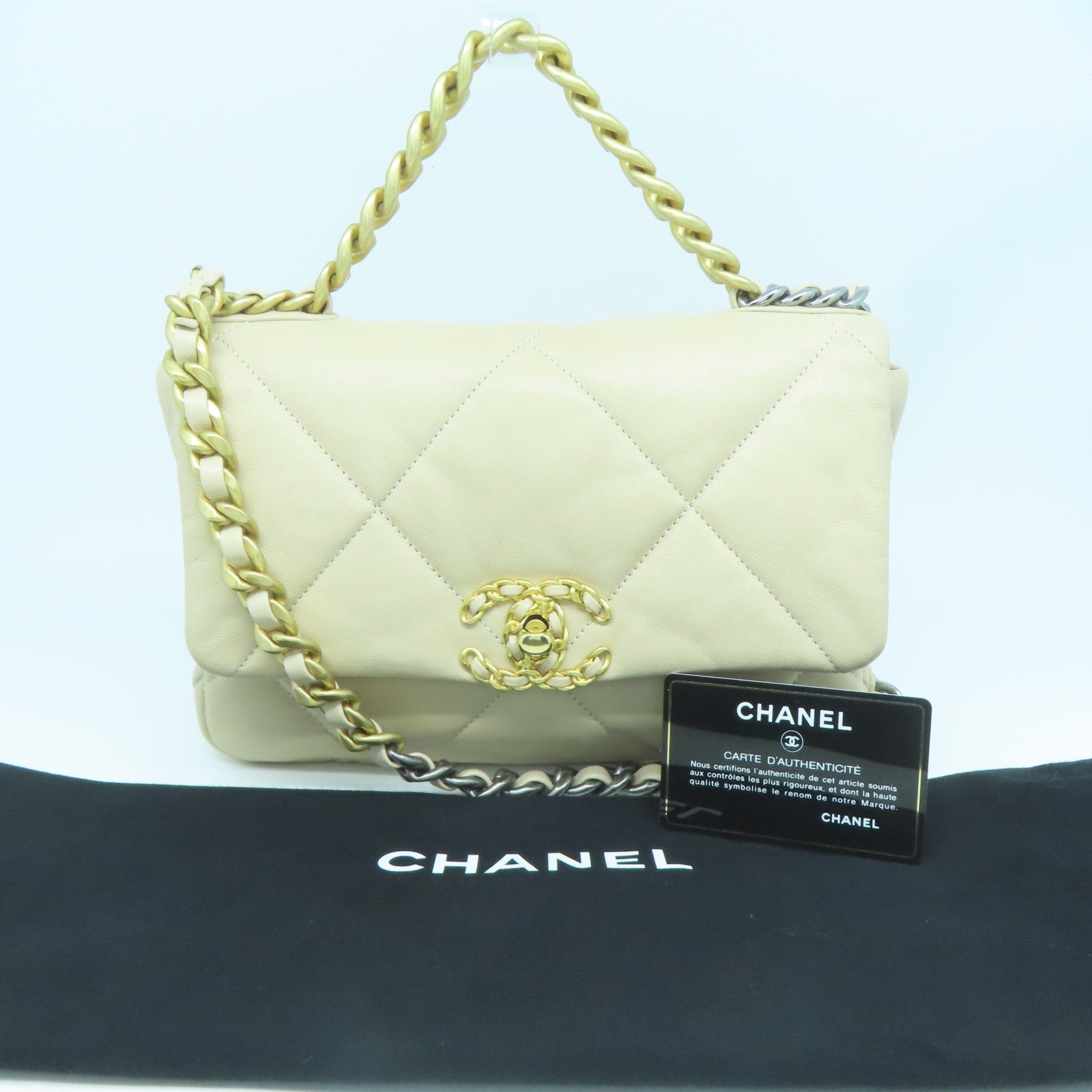 CHANEL 菱格牛皮皮革Chanel 19金扣手挽肩背兩用袋米色