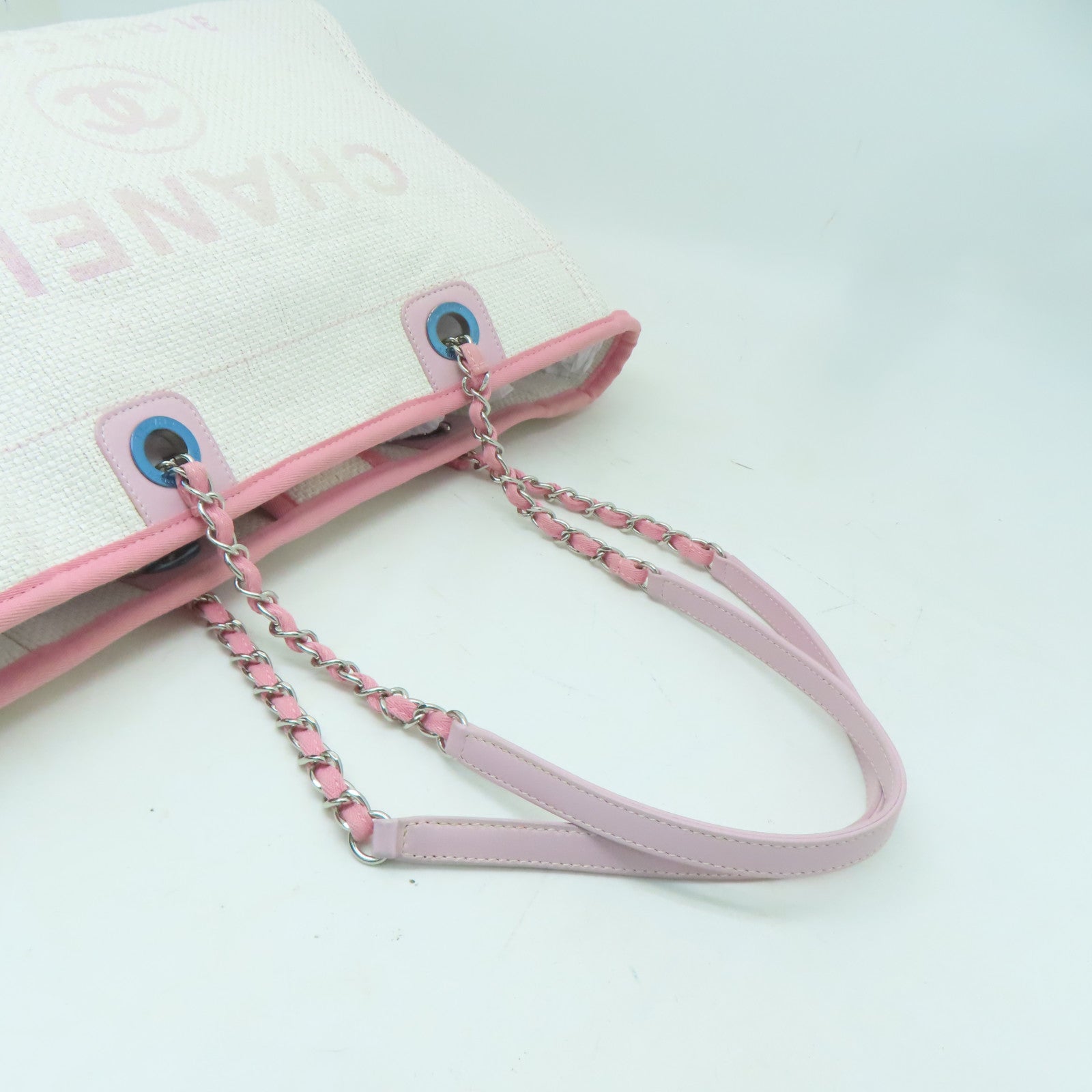 CHANEL 斜紋軟呢Shoulder Bag銀扣鏈帶肩背袋白色/粉紅色