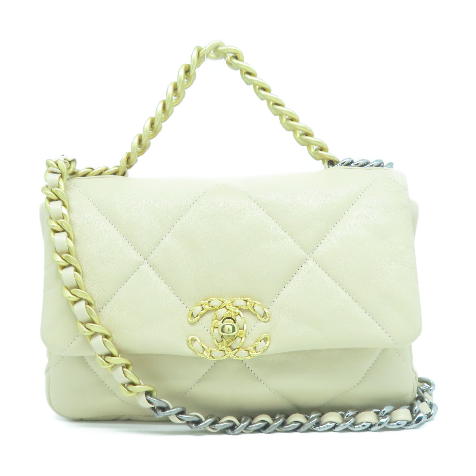 CHANEL 菱格牛皮皮革Chanel 19金扣手挽肩背兩用袋米色