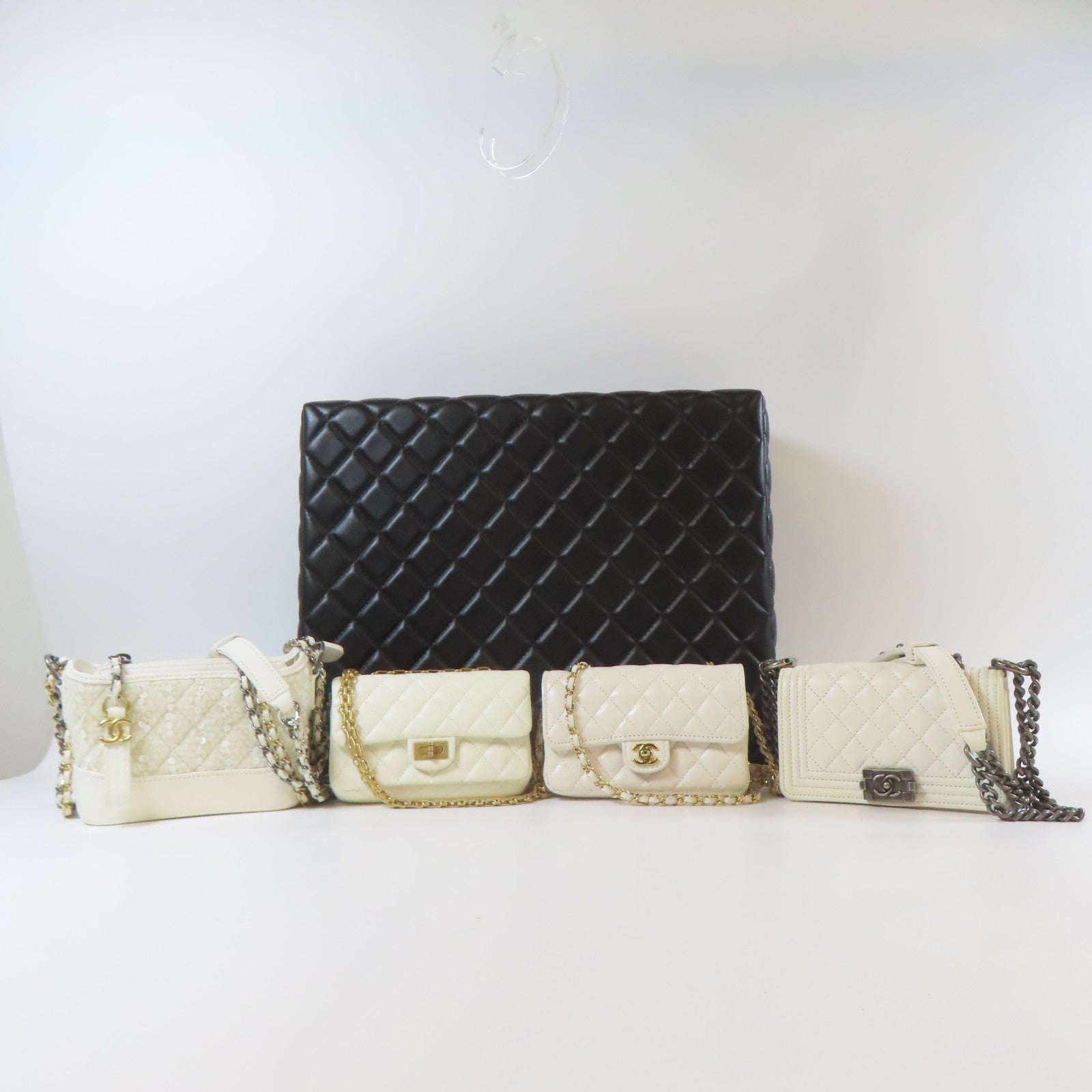 CHANEL 菱格牛皮皮革Mini Bag Set金扣/銀扣鏈帶肩背袋白色