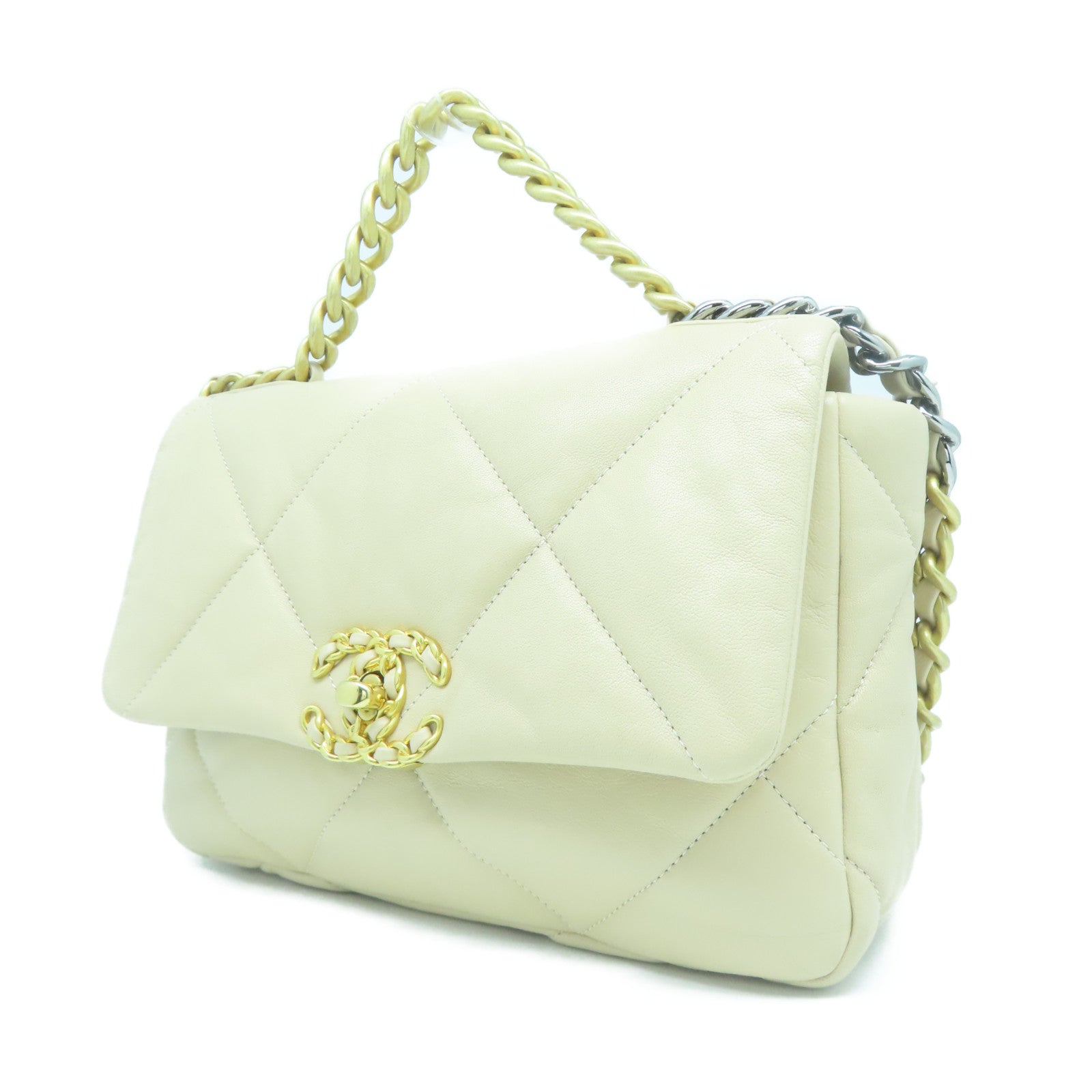 CHANEL 菱格牛皮皮革Chanel 19金扣手挽肩背兩用袋米色
