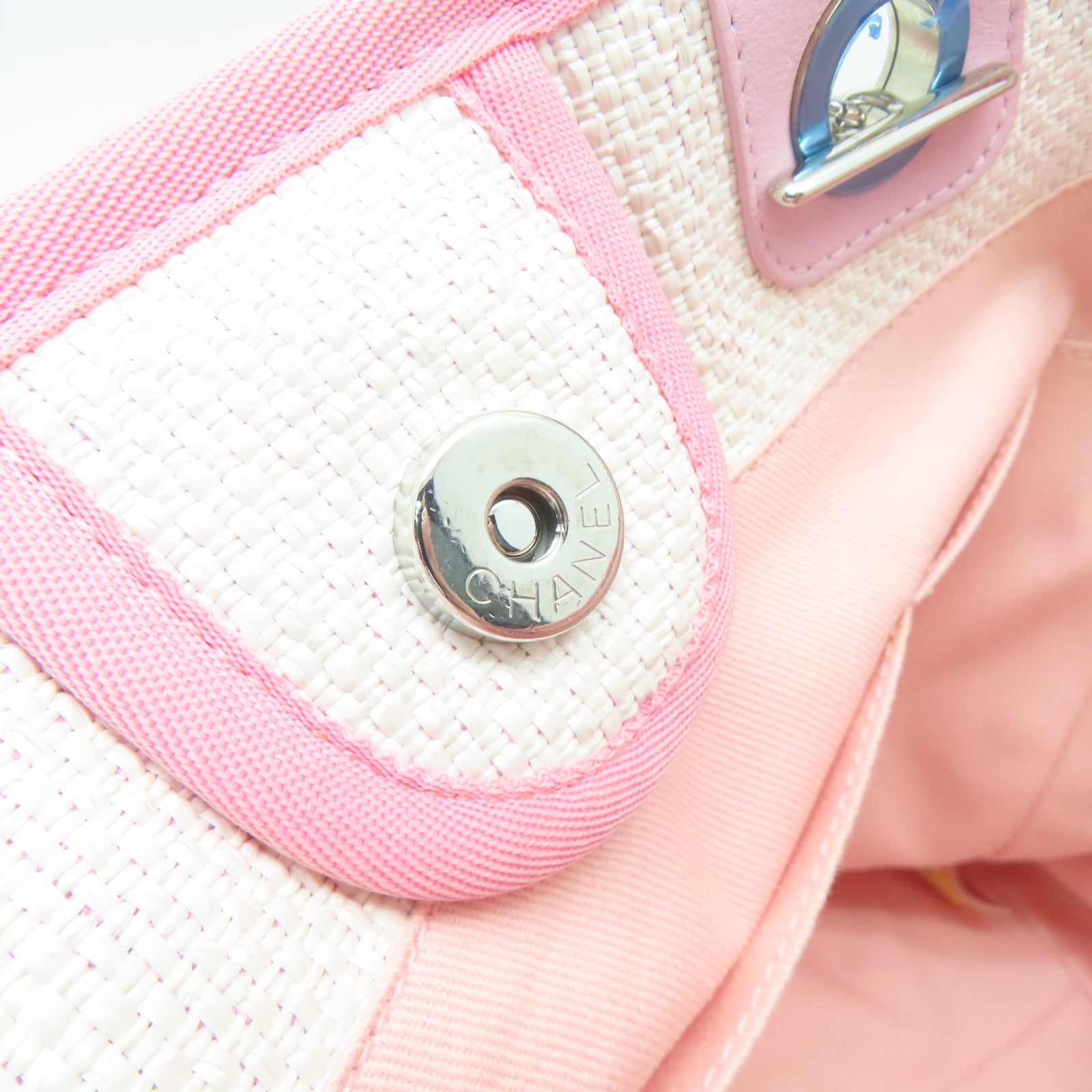CHANEL 斜紋軟呢Shoulder Bag銀扣鏈帶肩背袋白色/粉紅色
