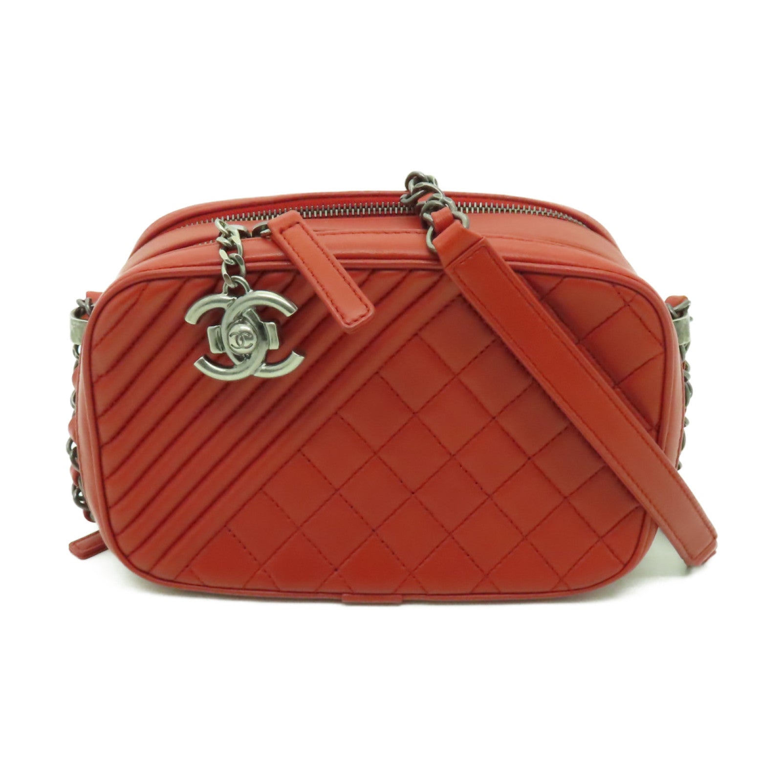 CHANEL 牛皮皮革Coco Boy Camera Bag銀扣鏈帶肩背袋紅色