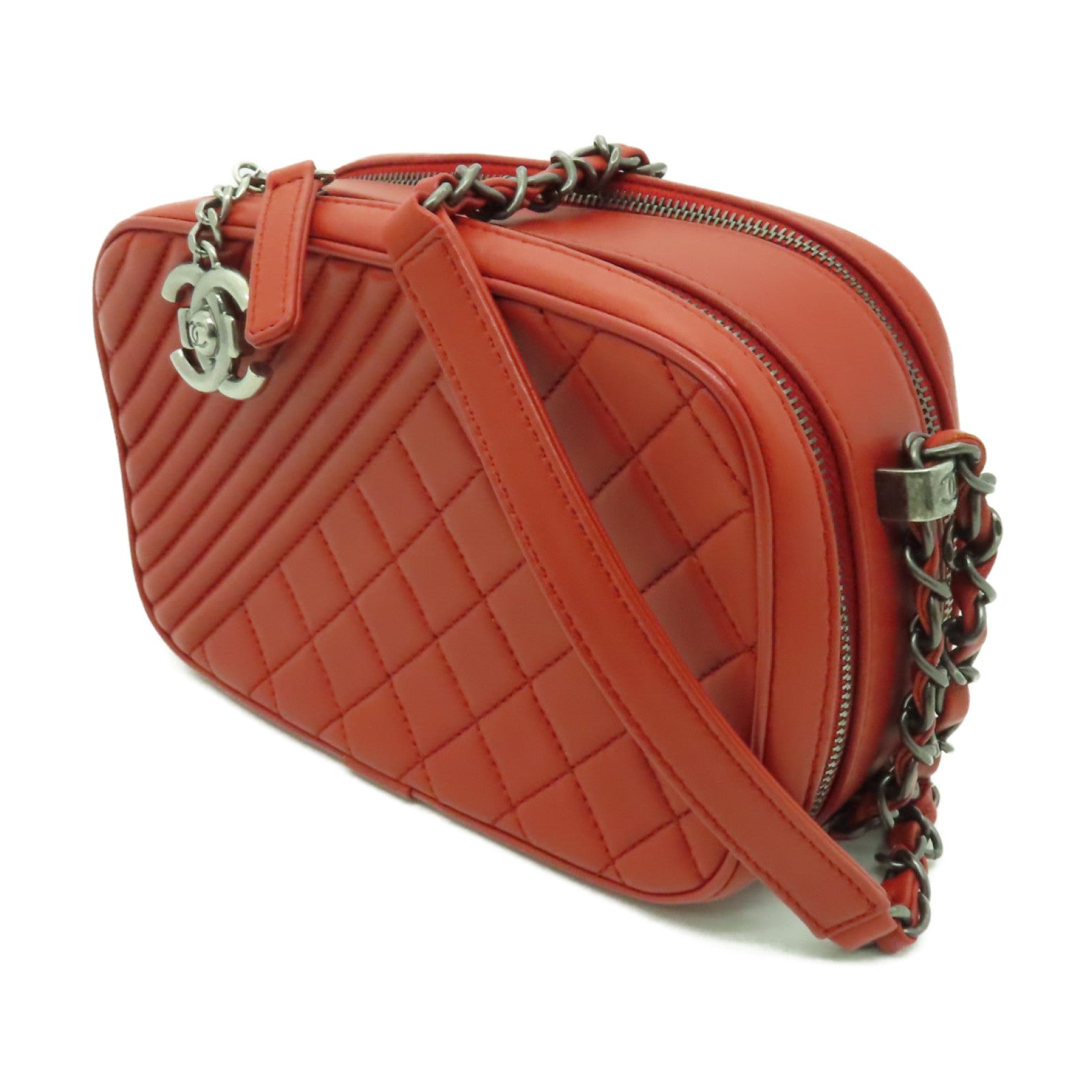 CHANEL 牛皮皮革Coco Boy Camera Bag銀扣鏈帶肩背袋紅色