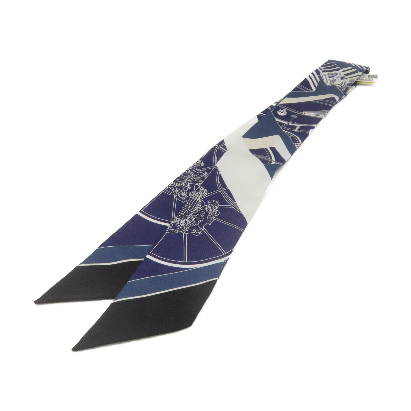 HERMES 絲質Twilly絲巾藍色/白色/黑色