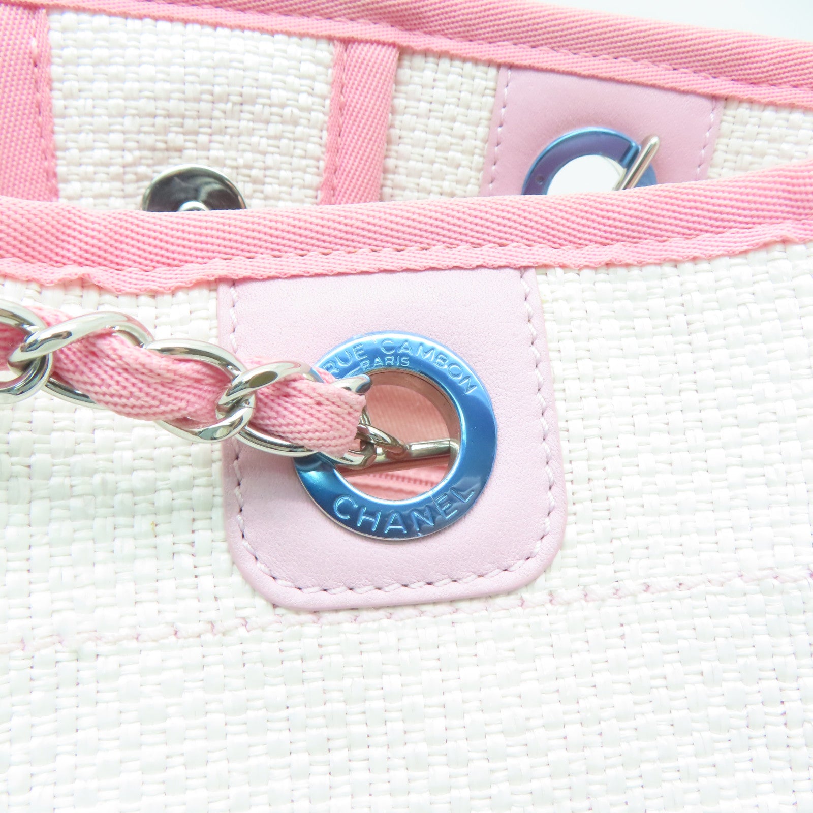 CHANEL 斜紋軟呢Shoulder Bag銀扣鏈帶肩背袋白色/粉紅色