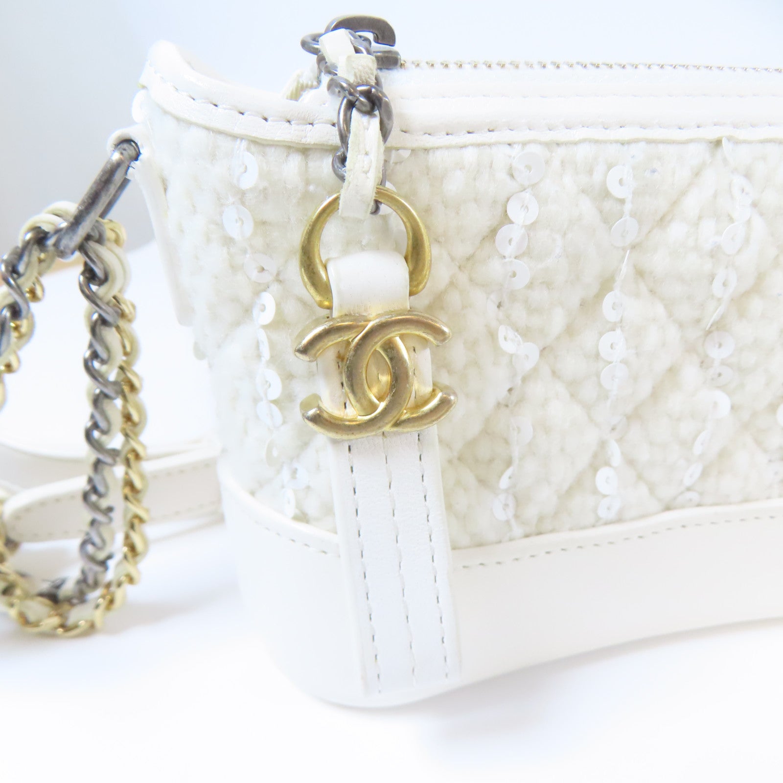 CHANEL 菱格牛皮皮革Mini Bag Set金扣/銀扣鏈帶肩背袋白色
