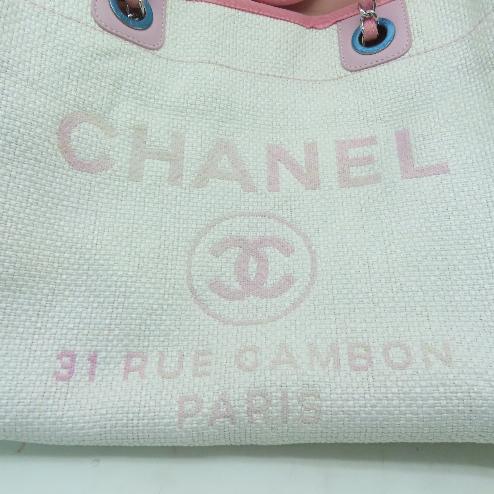 CHANEL 斜紋軟呢Shoulder Bag銀扣鏈帶肩背袋白色/粉紅色