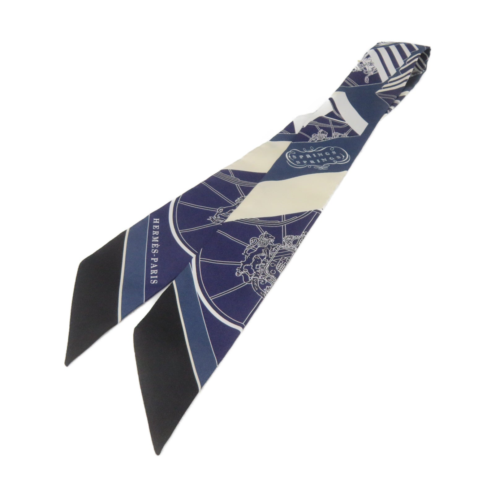HERMES 絲質Twilly絲巾藍色/白色/黑色
