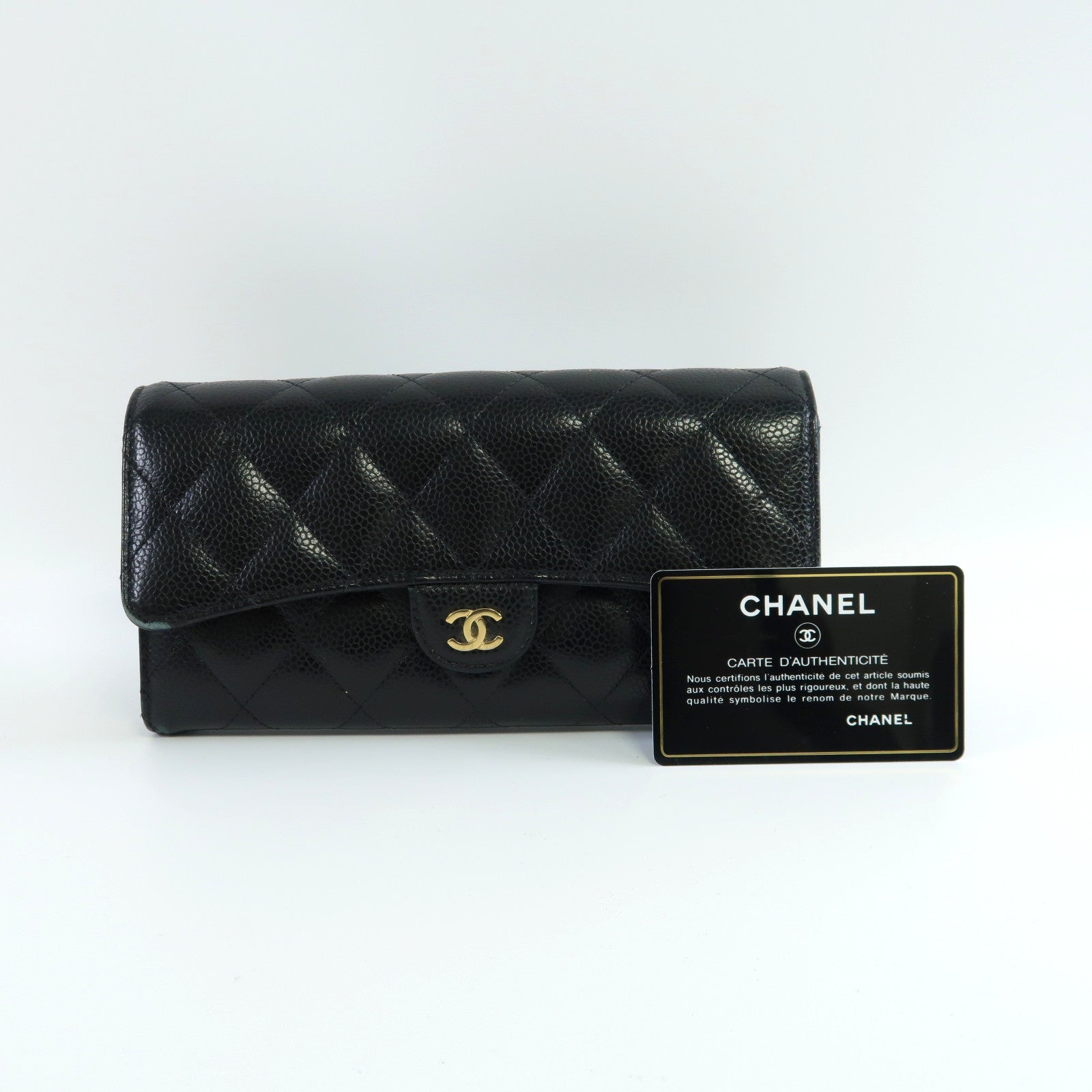 CHANEL 菱格Caviar皮革Long Wallet金扣長錢包黑色