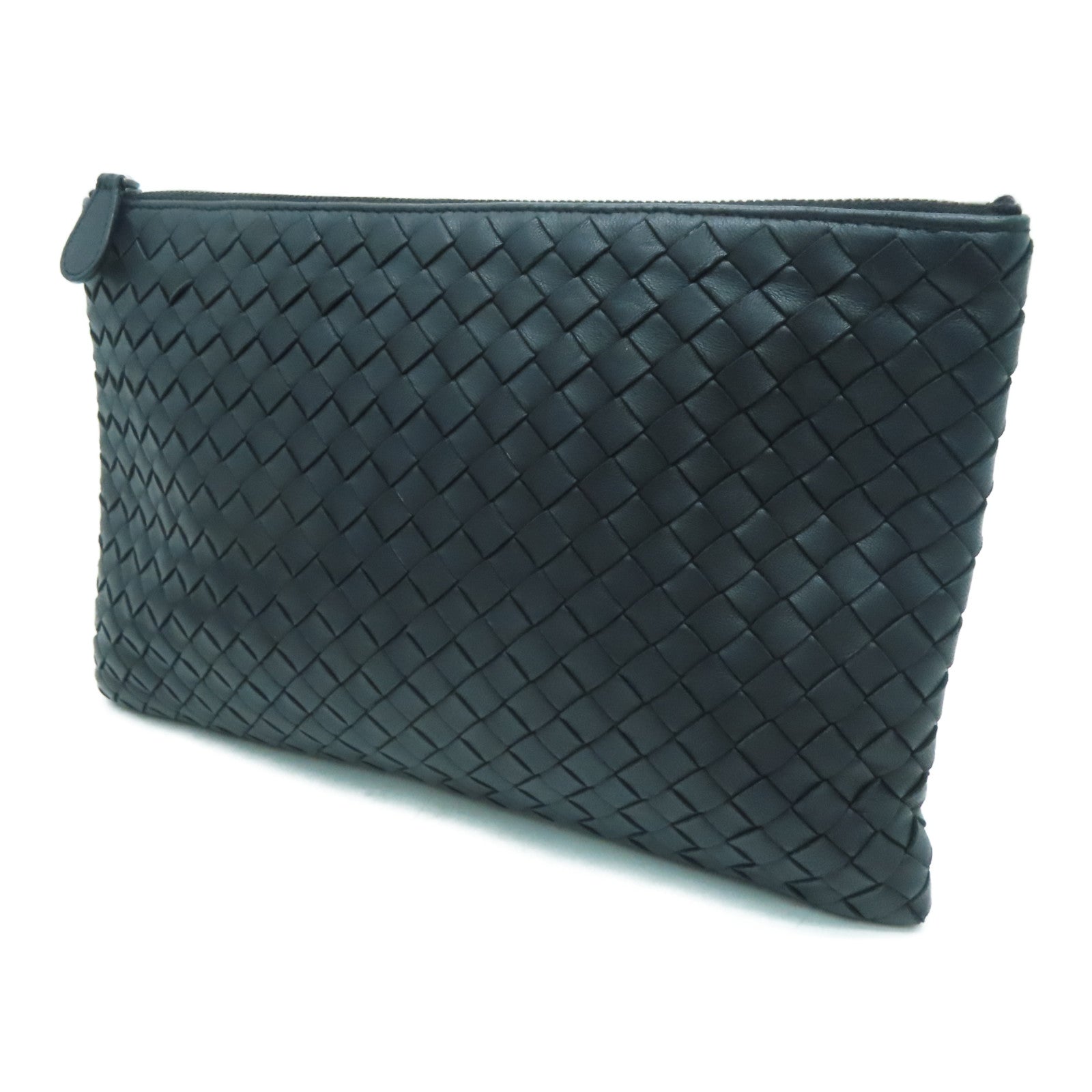 BOTTEGA VENETA 織紋皮革Pouch銀扣手拿包黑色