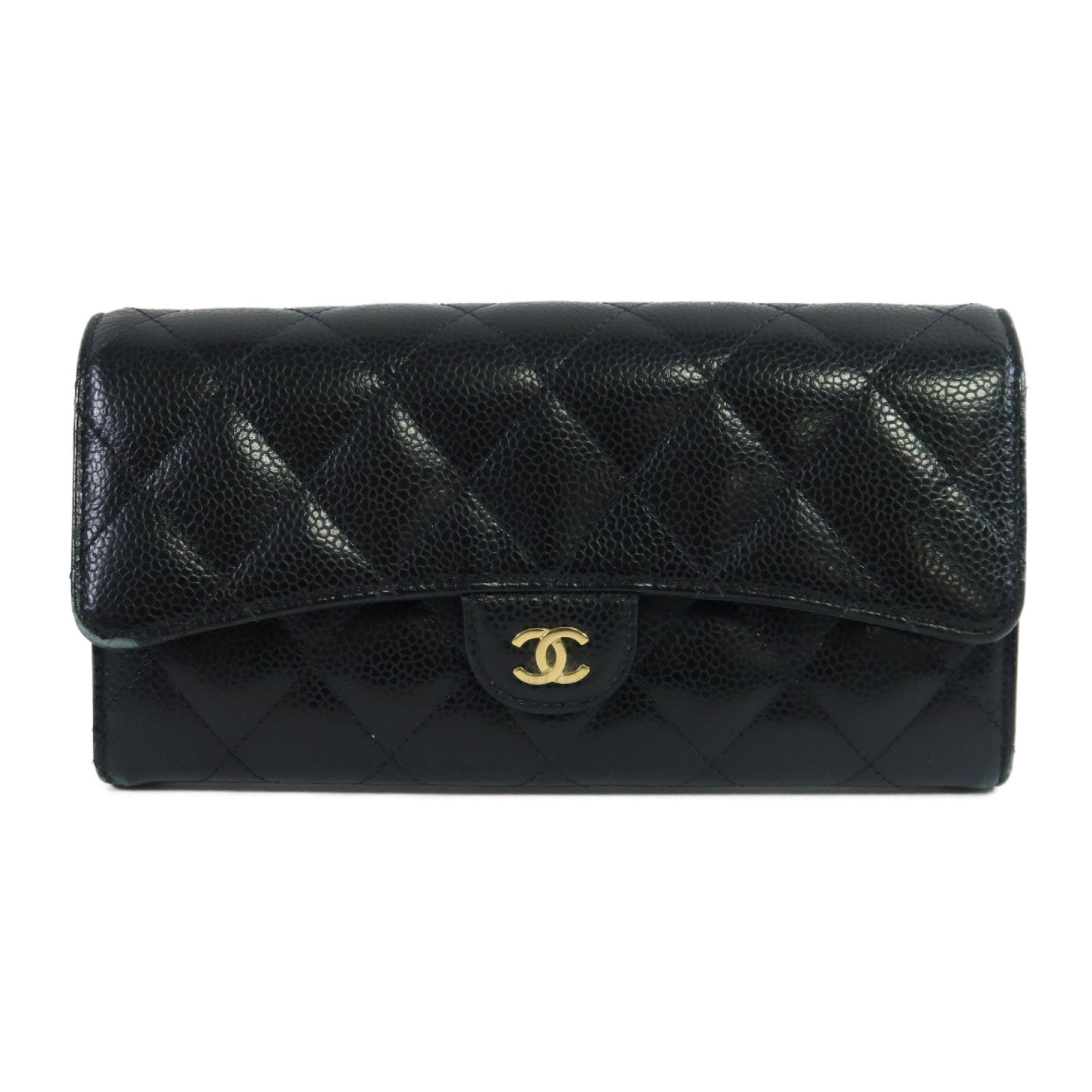 CHANEL 菱格Caviar皮革Long Wallet金扣長錢包黑色