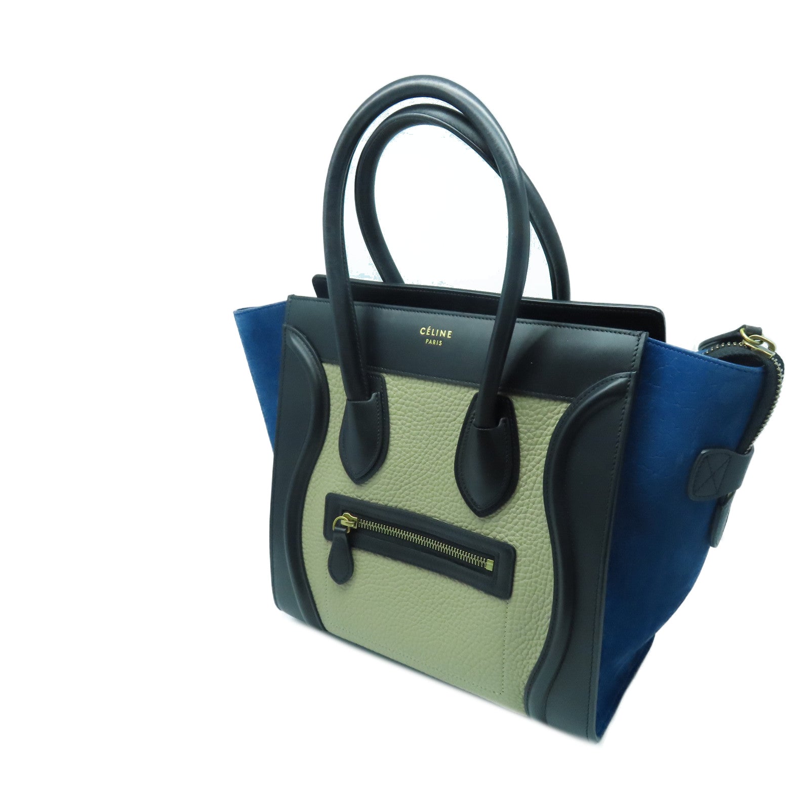 CELINE 牛皮皮革Micro Luggage金扣手挽袋米色/蓝色