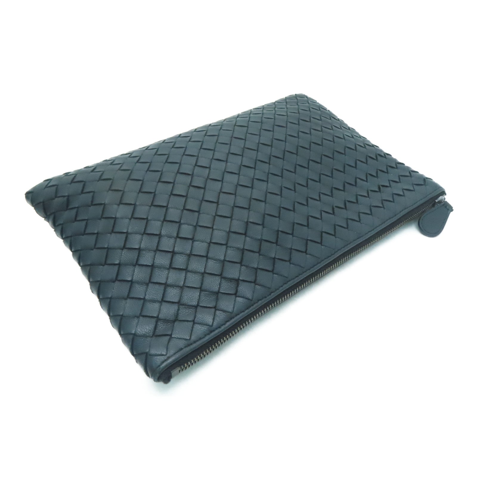 BOTTEGA VENETA 織紋皮革Pouch銀扣手拿包黑色