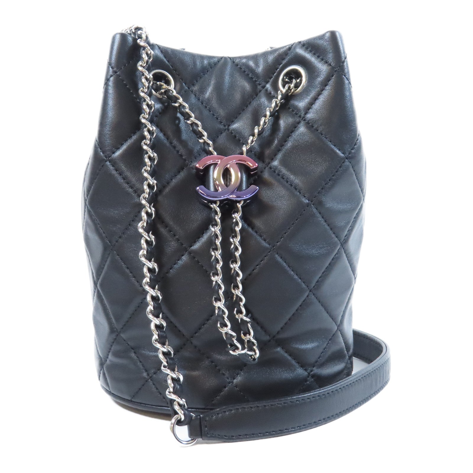 CHANEL 菱格羊皮皮革Mini Bucket Bag銀扣鏈帶肩背袋黑色