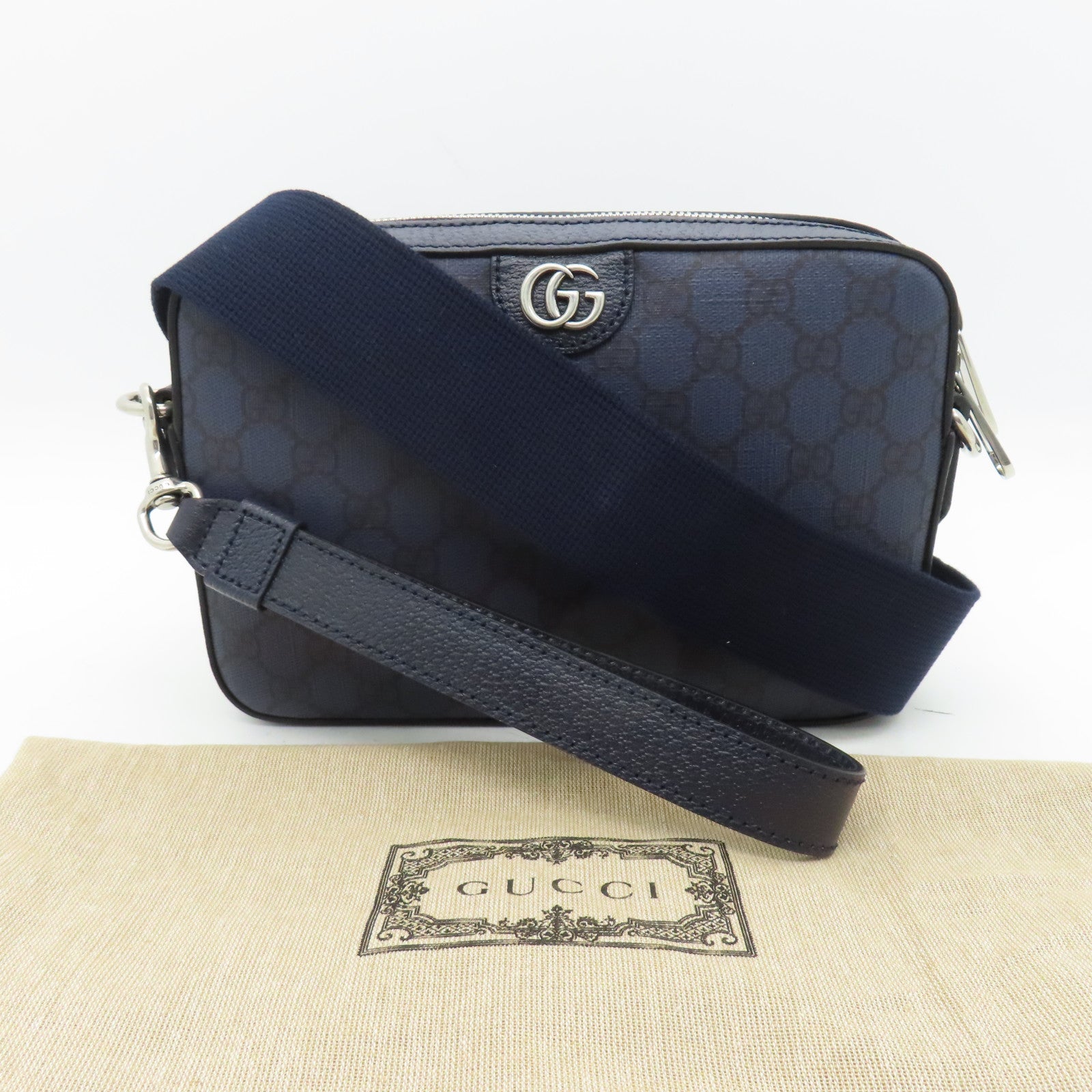 GUCCI 塗層帆布2 Way Shoulder bag銀扣手挽肩背兩用袋深藍色