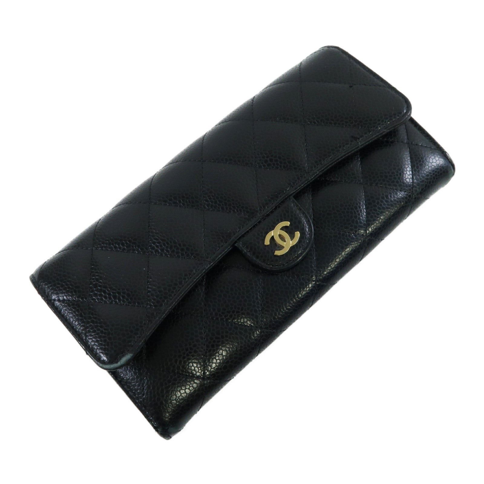 CHANEL 菱格Caviar皮革Long Wallet金扣長錢包黑色