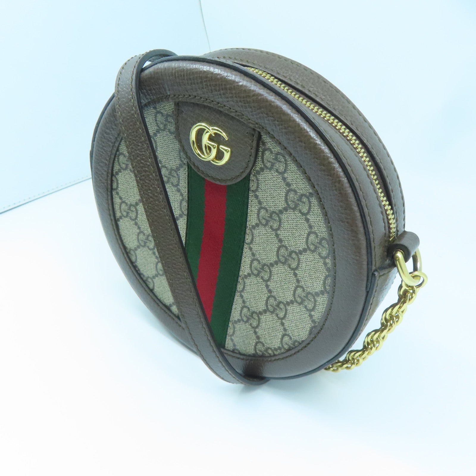 GUCCI 塗層帆布Ophidia GG金扣鏈帶肩背袋啡色