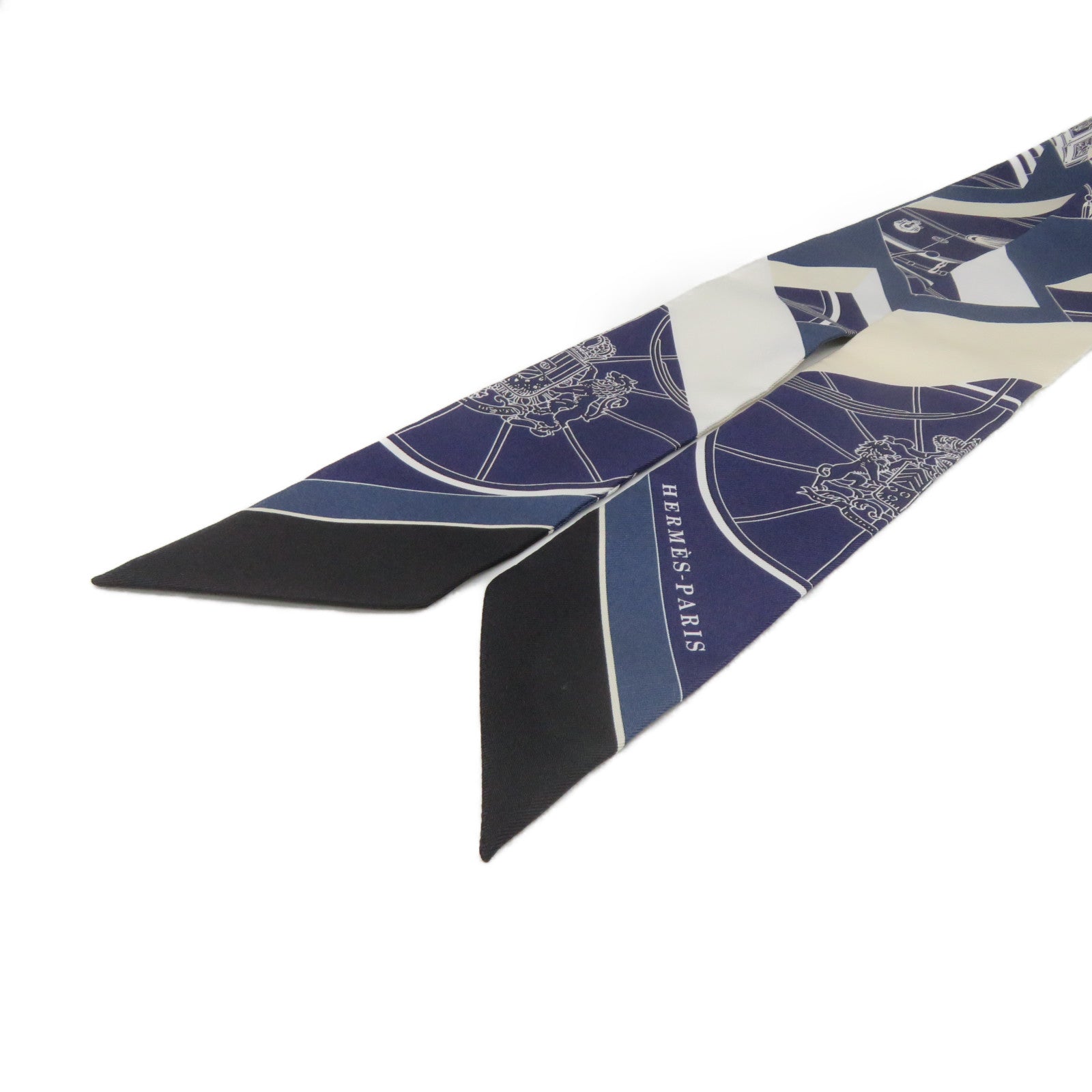 HERMES 絲質Twilly絲巾藍色/白色/黑色