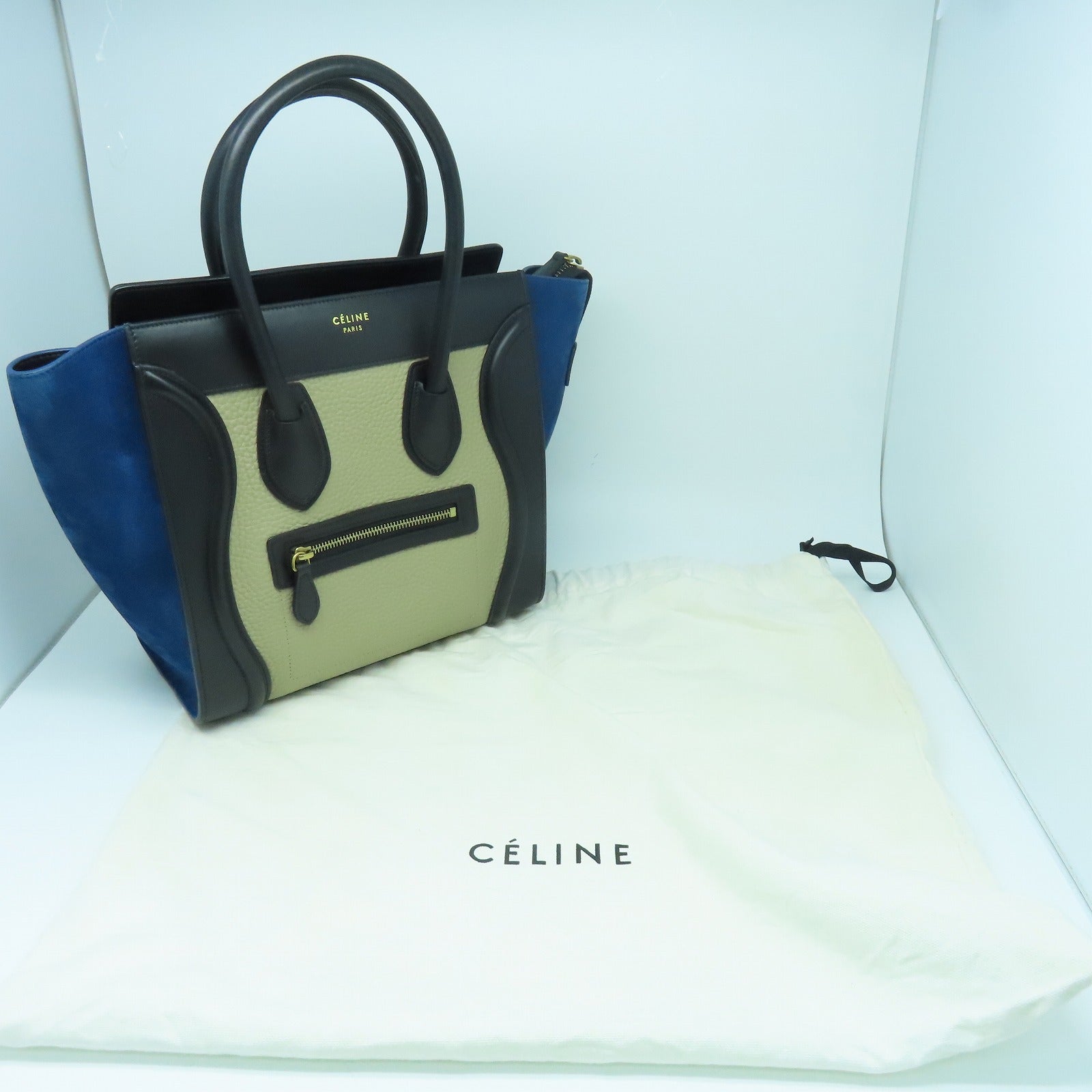 CELINE 牛皮皮革Micro Luggage金扣手挽袋米色/蓝色