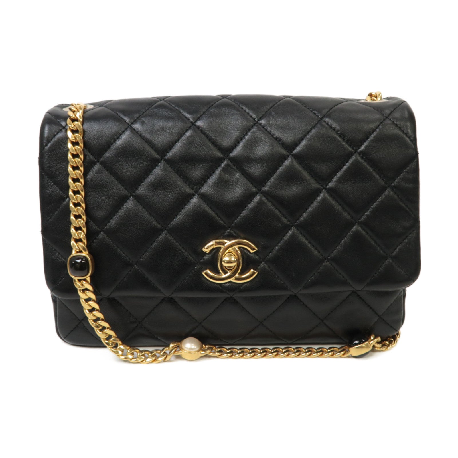 CHANEL 菱格羊皮皮革Chain Shoulder Bag金扣鏈帶肩背袋黒色