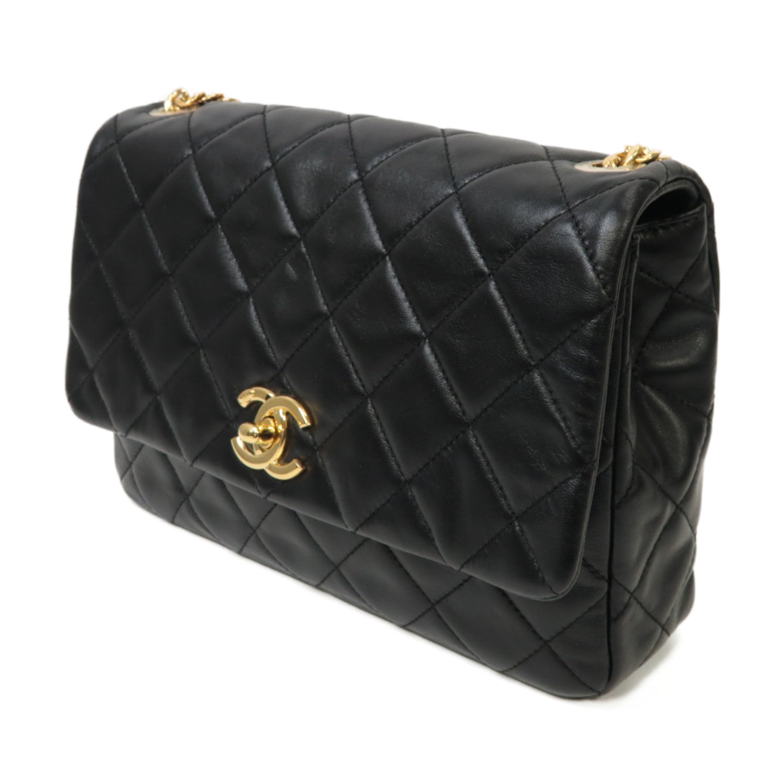 CHANEL 菱格羊皮皮革Chain Shoulder Bag金扣鏈帶肩背袋黒色