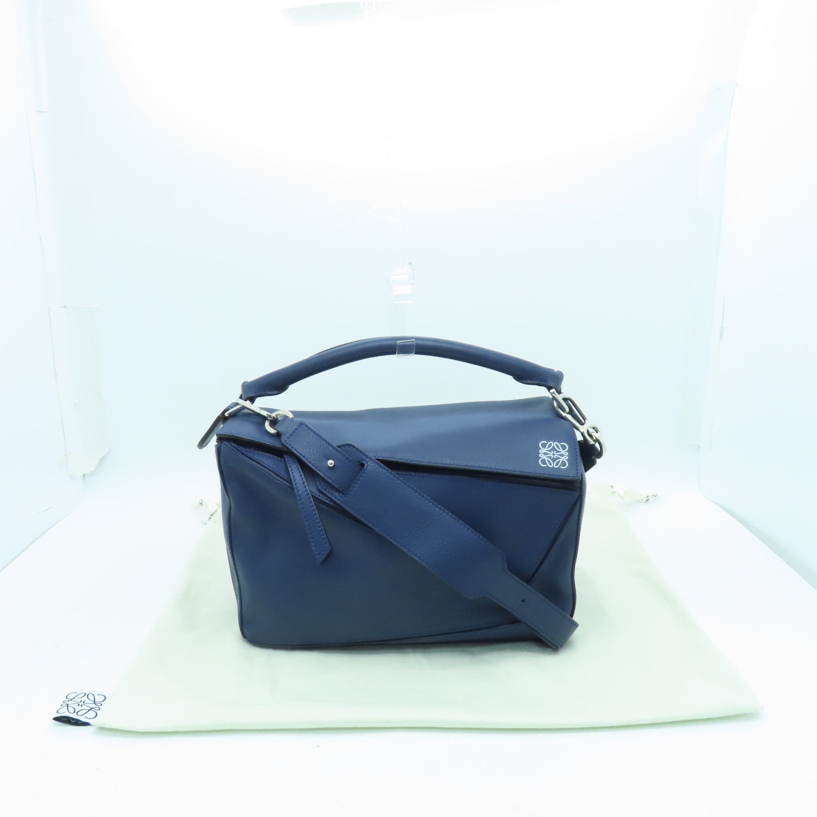 LOEWE cowhide leather Puzzle Bag silver buckle handle shoulder bag blue