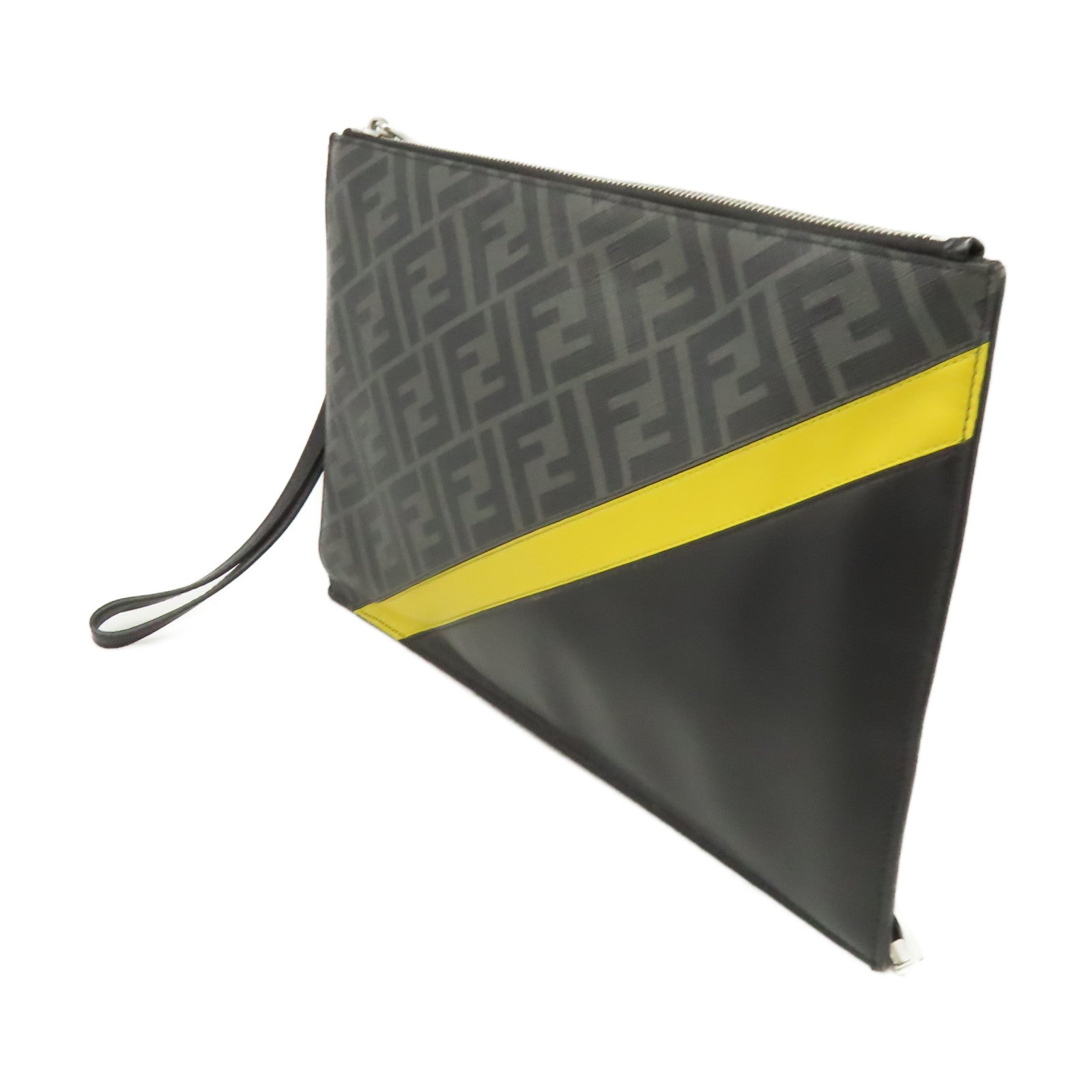 FENDI 塗層帆布/牛皮皮革Clutch Bag銀扣手拿包碳灰色/黑色/黃色
