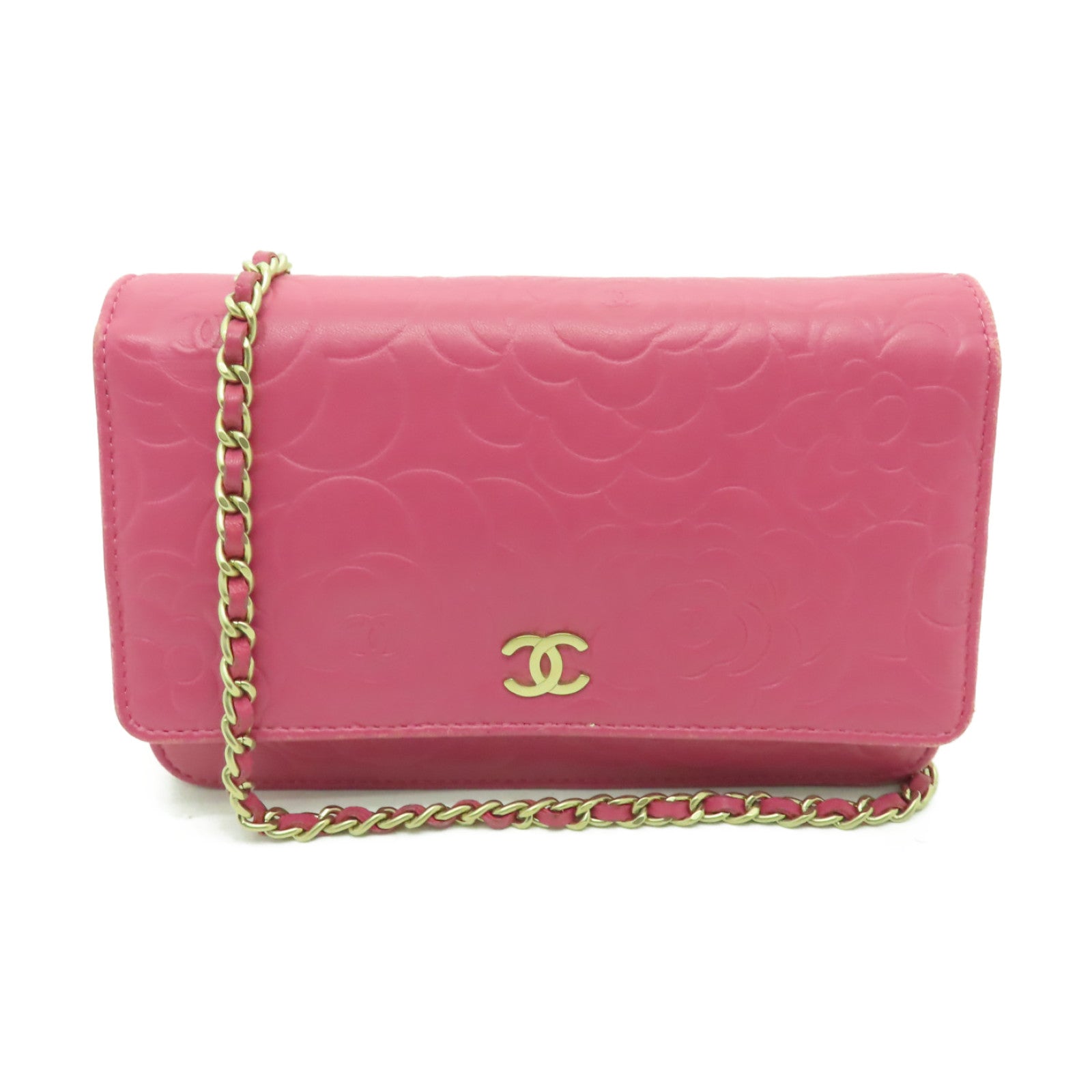 CHANEL 羊皮皮革Camelia WOC金扣鏈帶肩背袋粉紅色