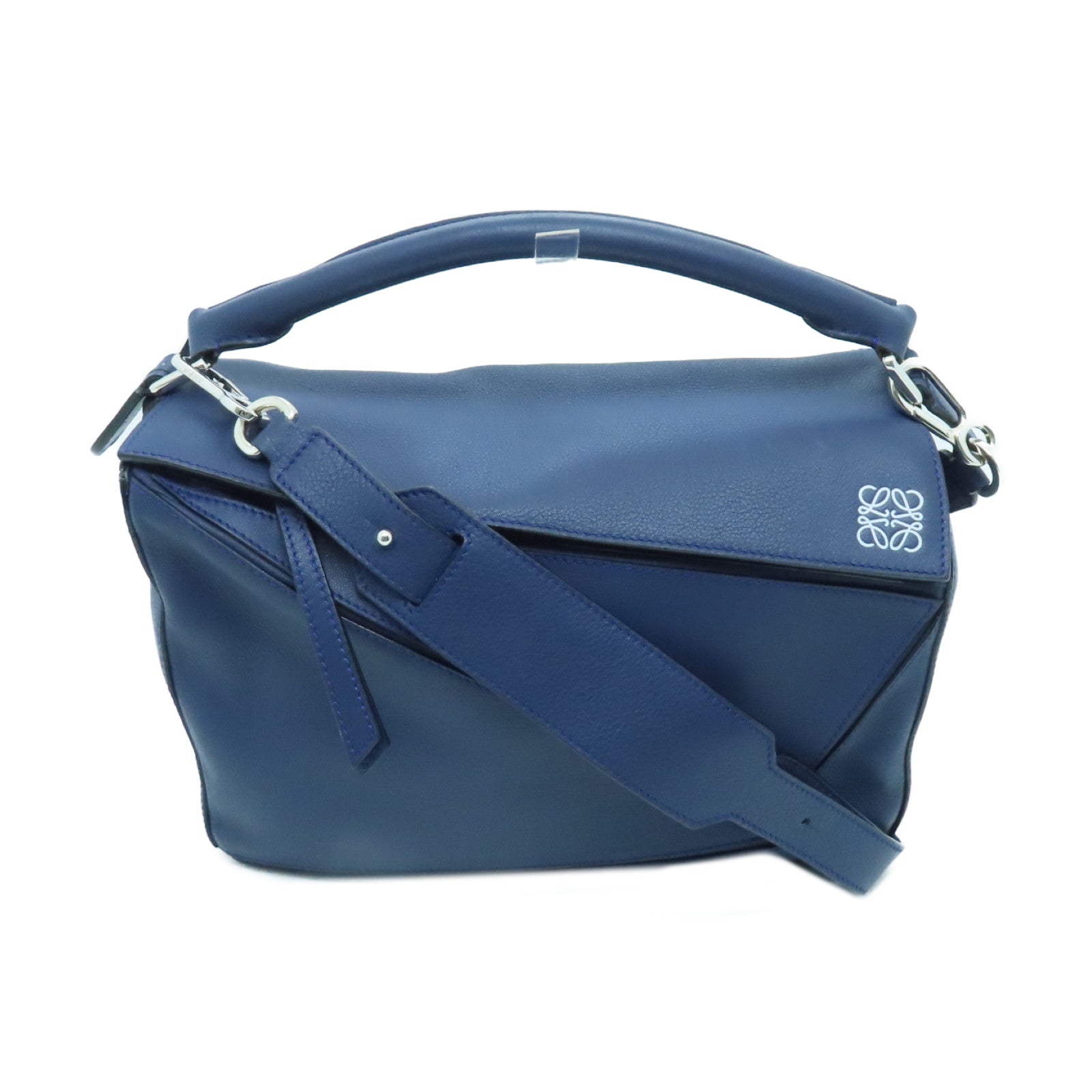LOEWE cowhide leather Puzzle Bag silver buckle handle shoulder bag blue