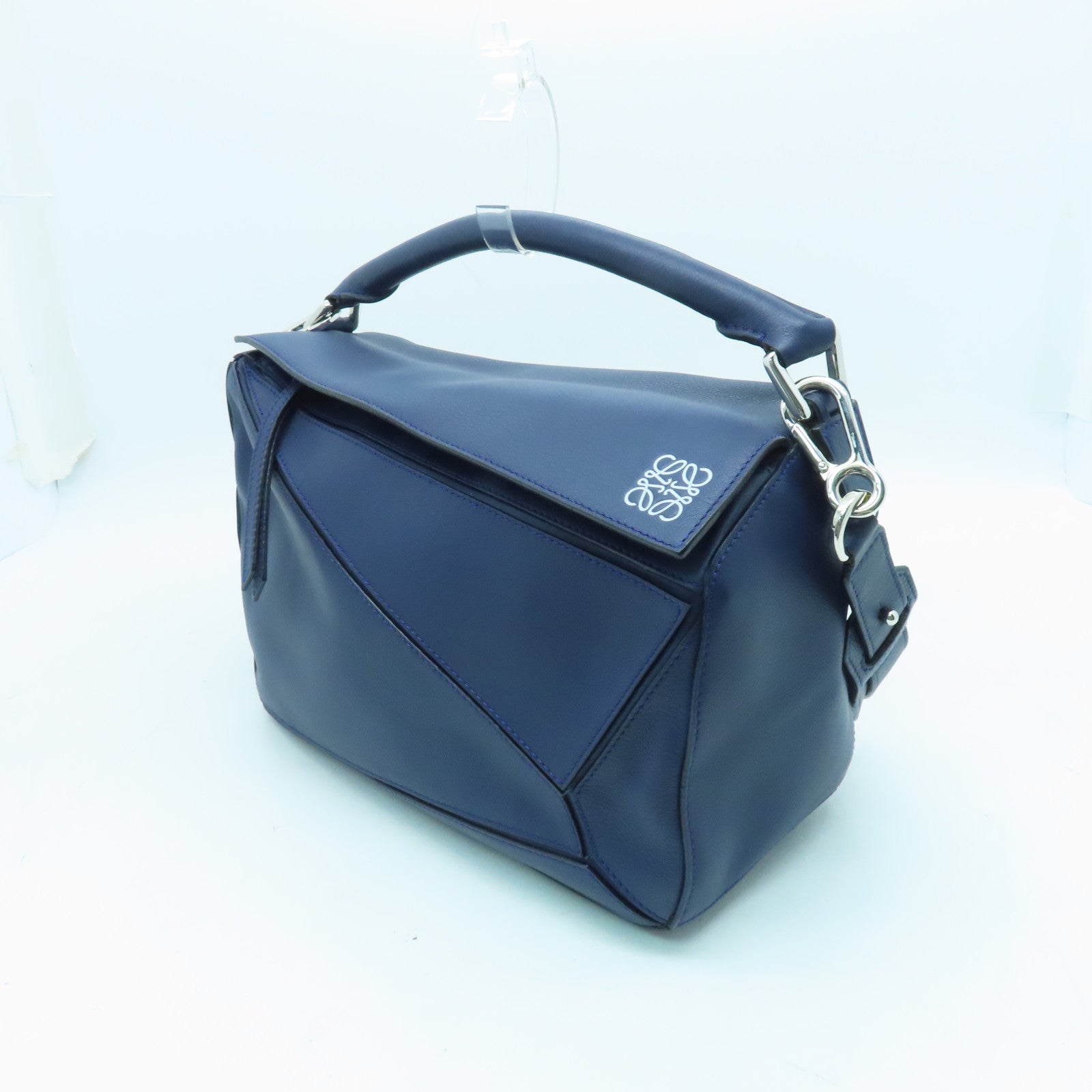 LOEWE cowhide leather Puzzle Bag silver buckle handle shoulder bag blue