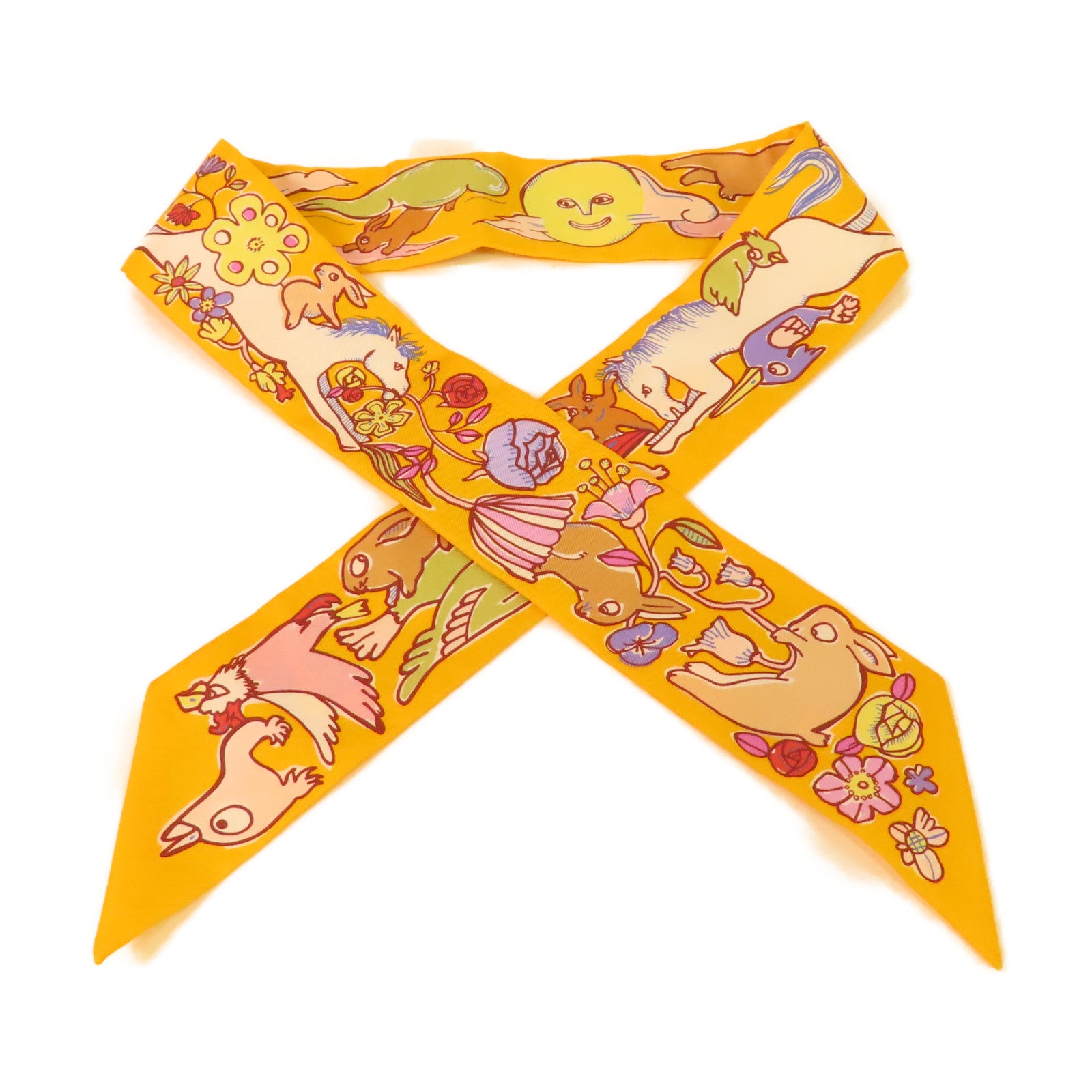 HERMES 絲質Twilly絲巾橙黄色/彩色